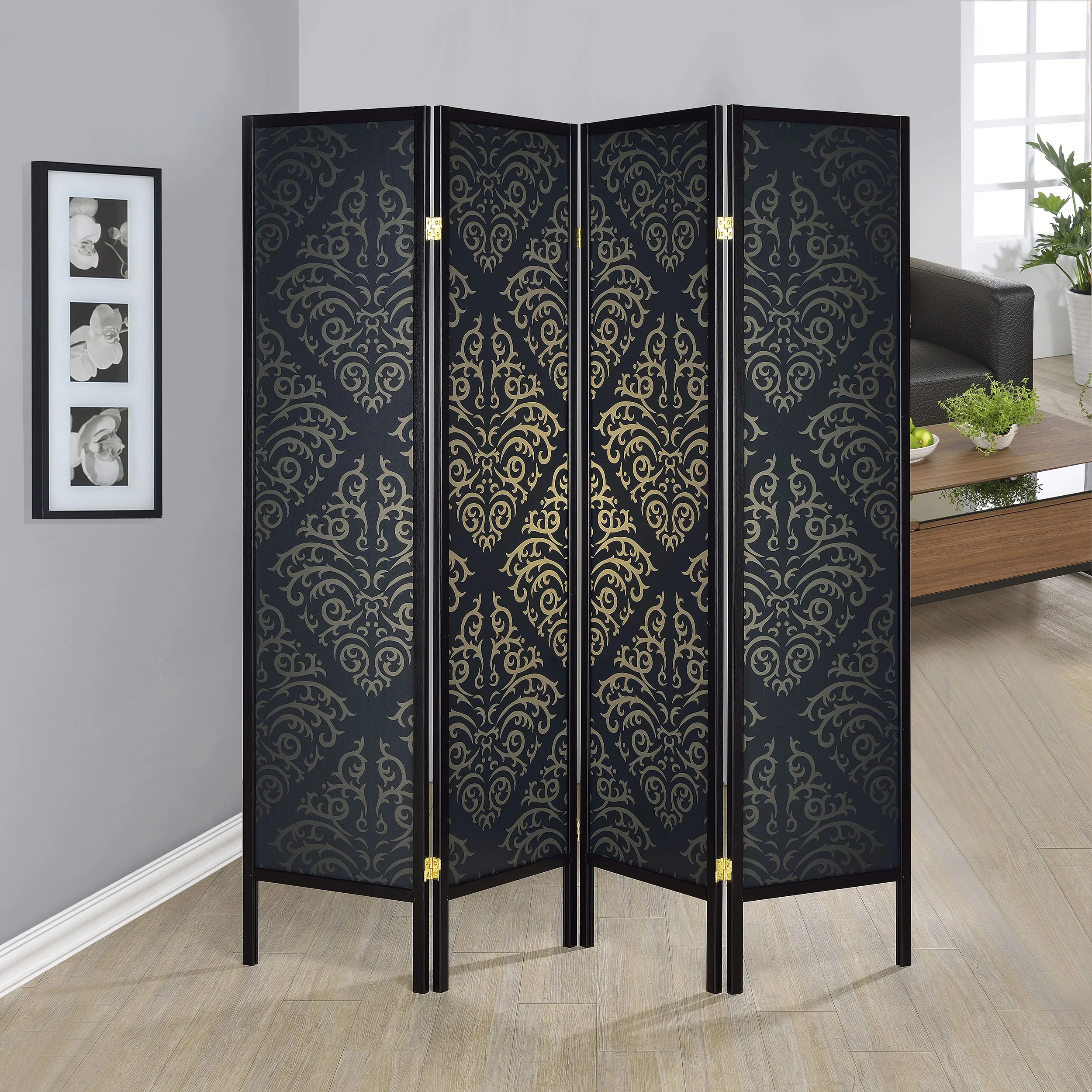 Haidera 4-Panel Room Divider Folding Screen Black Damask - Image 4