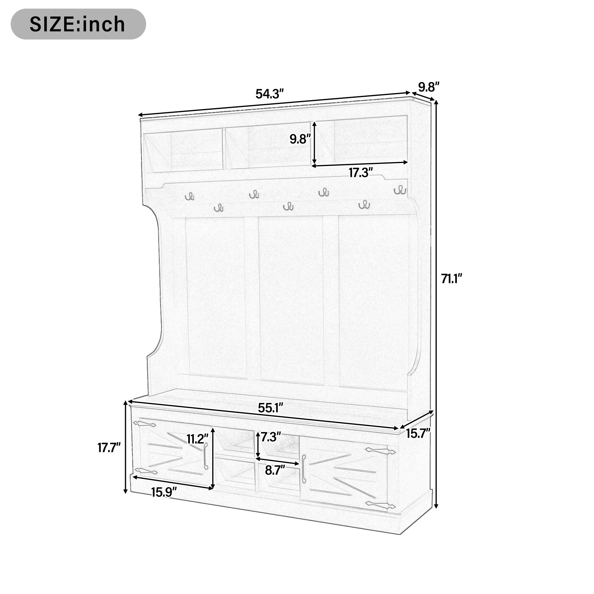 Hall Tree With Bench And Shoe Storage, 5 In 1 Entryway Organizer Cabinet With Coat Rack, 4 Shoe Cubbies & 7 Hooks - White - Image 6