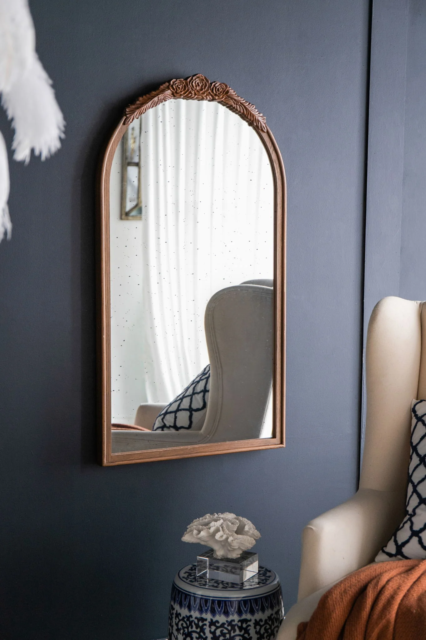 Hand Carved Rose Antique Mirror Frame, Wood Arch Mirror Wall Decor For Living Room - Image 19