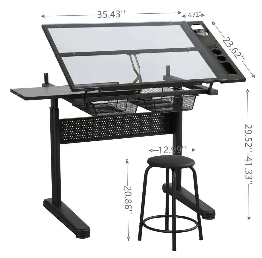 Hand Crank Adjustable Drafting Table Drawing Desk With 2 Metal Drawers With Stool - Image 4