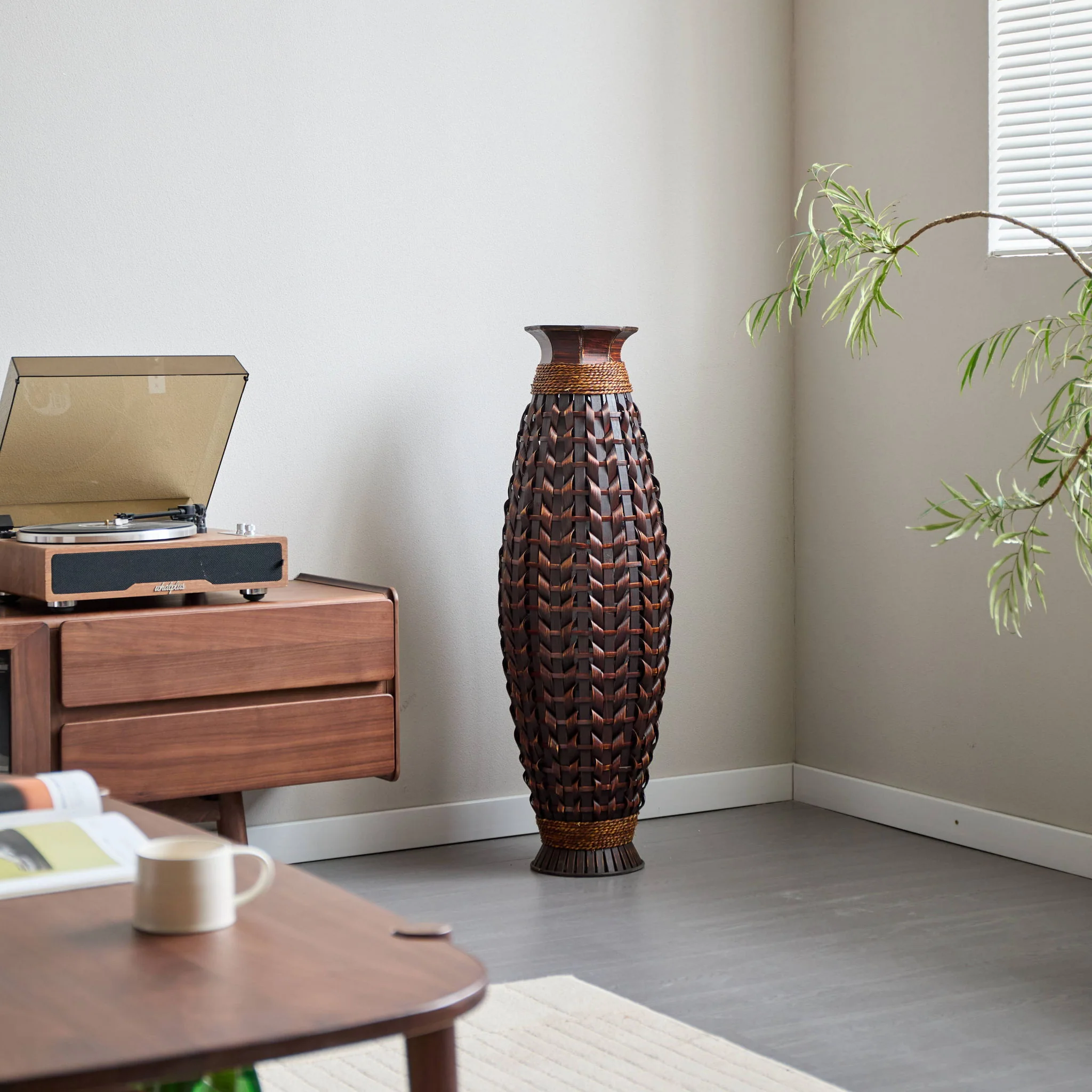 Hand Woven Bamboo Floor Vase, Decorative Accent For Living Room - Acacia Wood - Image 6