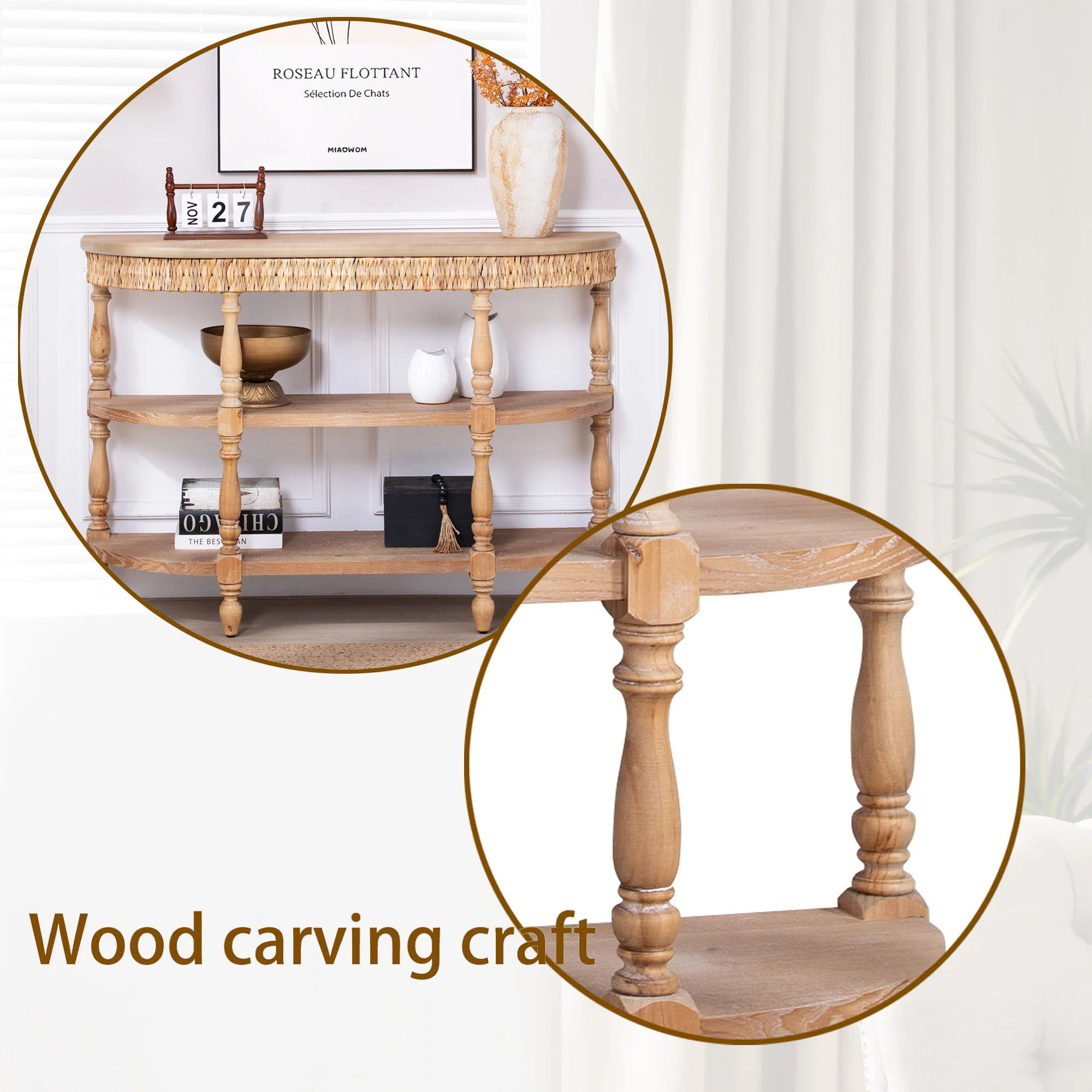 Handcrafted Console Table With Hand Woven Trim, 3 Tier Storage Shelves - Natural - Image 3