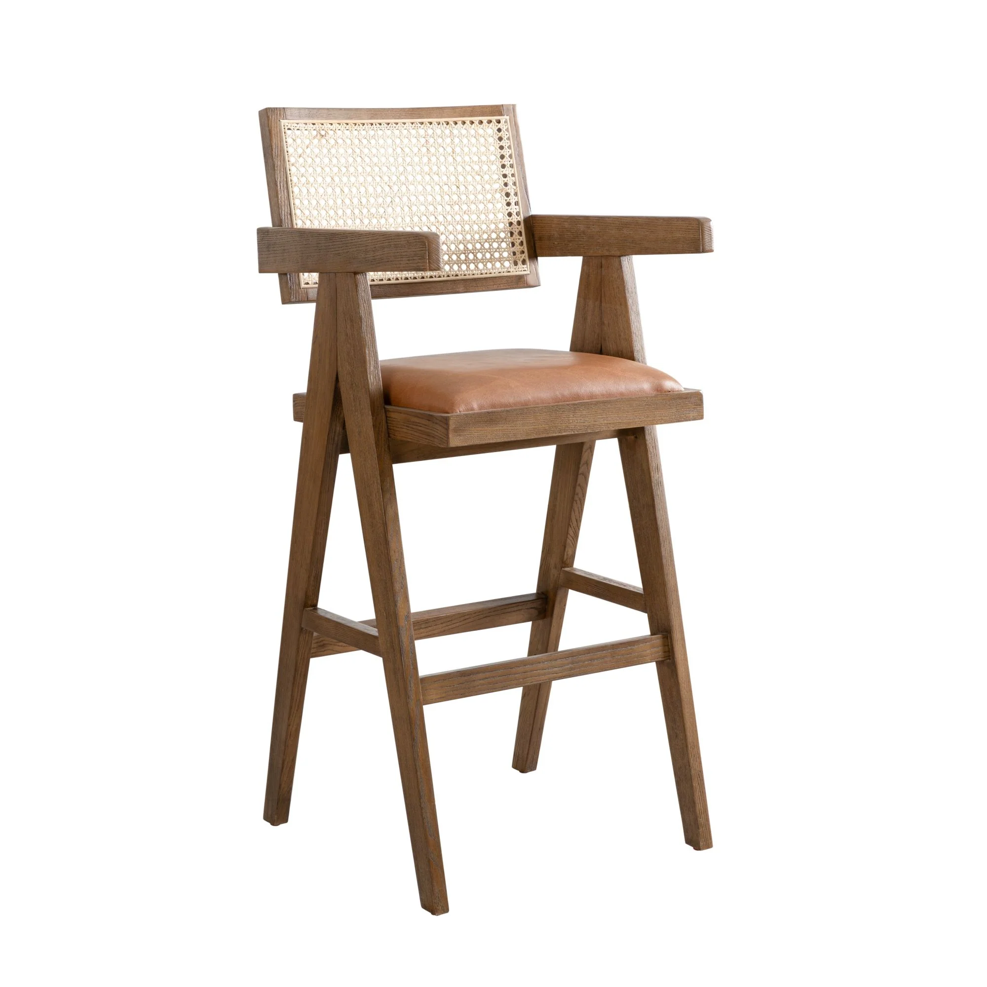 Harley - Nutmeg Brown Solid Wood And Rattan Upholstered 30" Bar Height Barstool - Image 13
