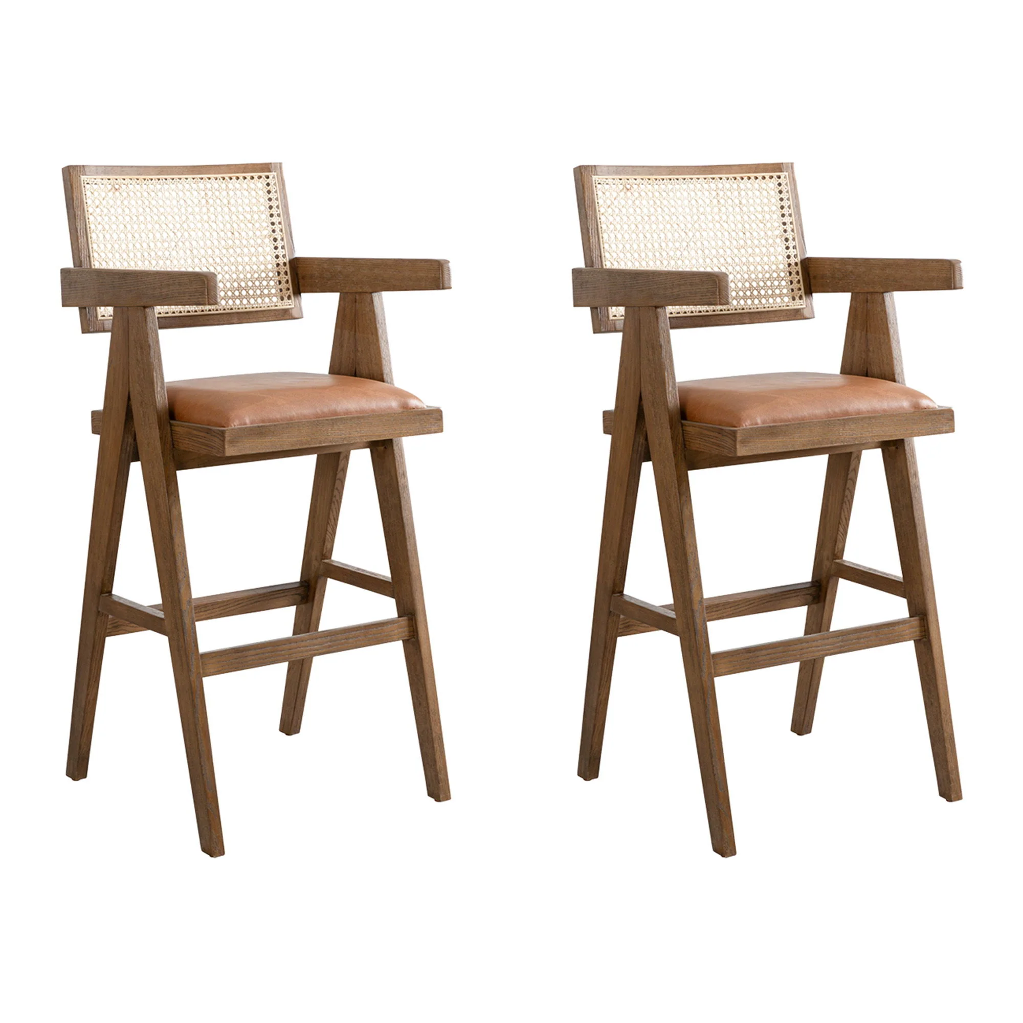 Harley - Nutmeg Brown Solid Wood And Rattan Upholstered 30" Bar Height Barstool - Image 2
