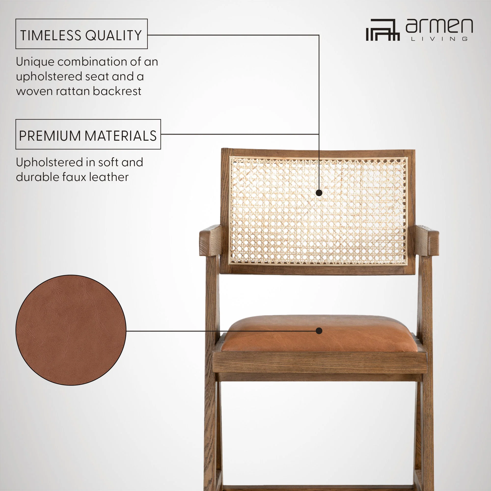 Harley - Nutmeg Brown Solid Wood And Rattan Upholstered 30" Bar Height Barstool - Image 5