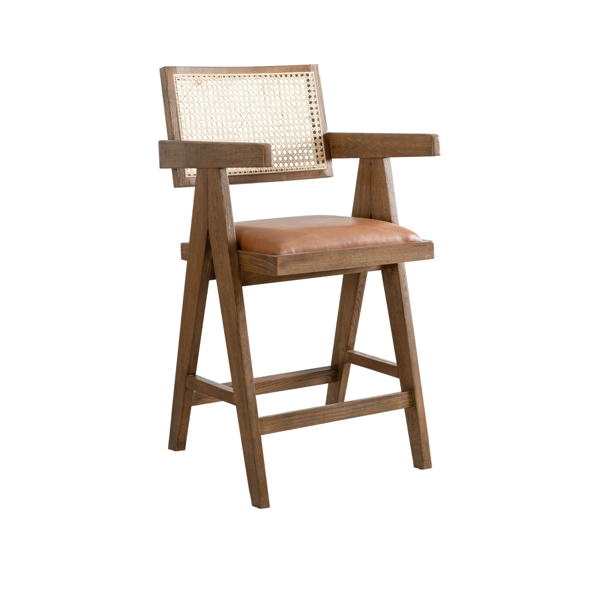 Harley - Nutmeg Brown Solid Wood And Rattan Upholstered 26" Counter Height Barstool - Image 8