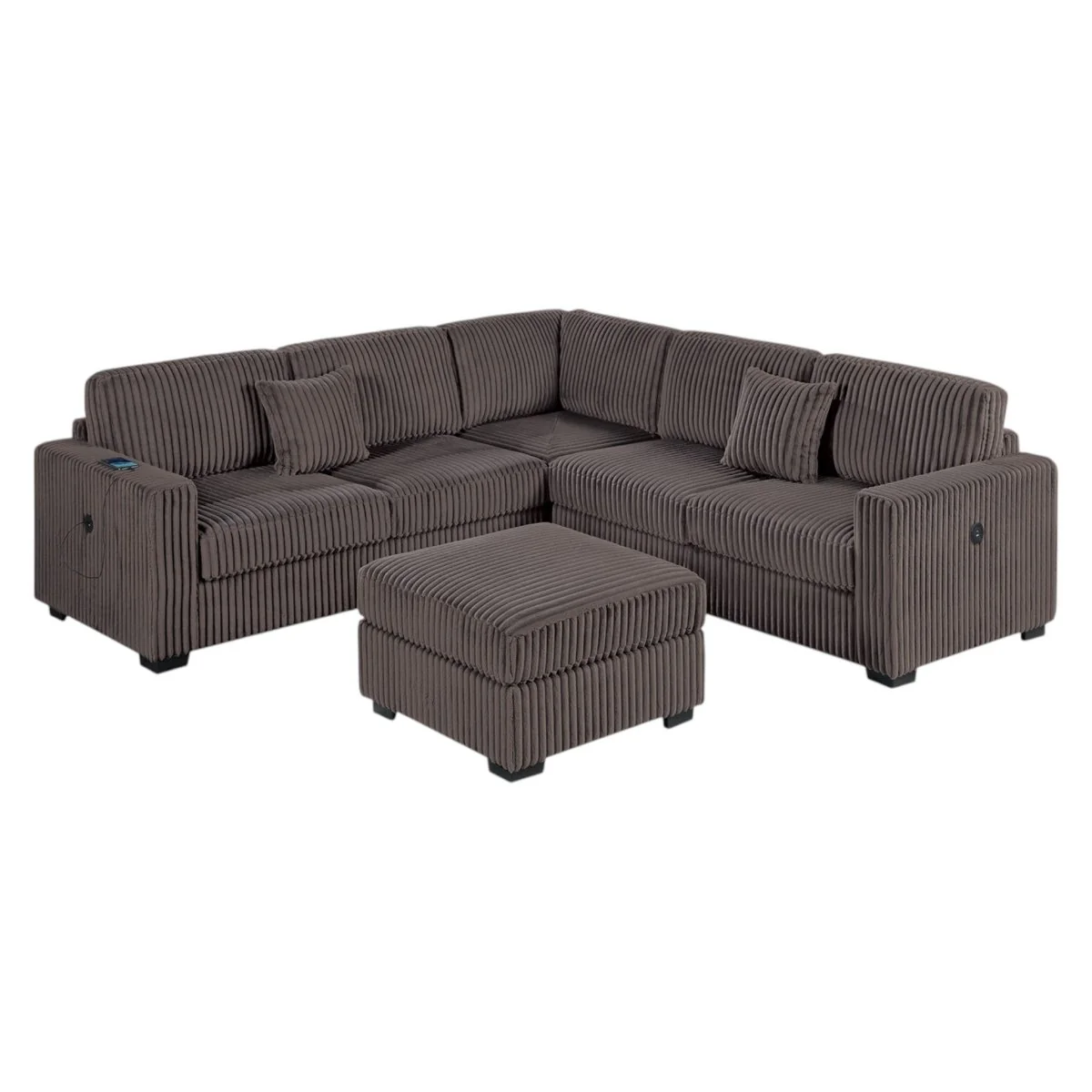 Harper 4-Piece Corduroy Sectional Sofa with USB and Ottoman in Brown