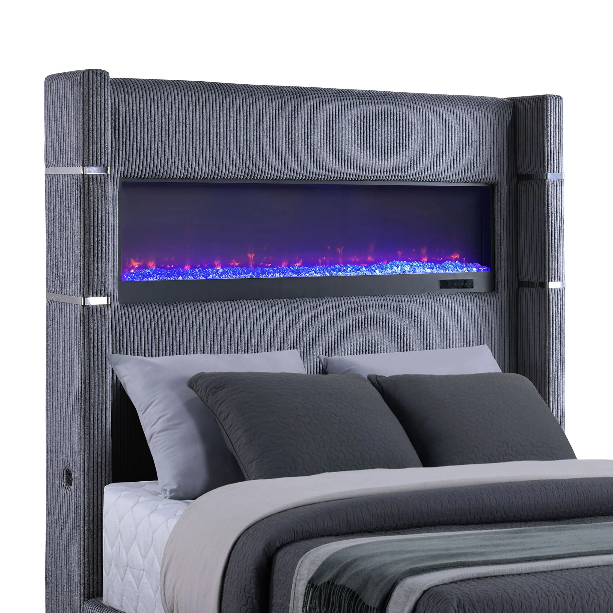 Haven - Upholstered Queen Bed With Integrated Flame Box - Gray - Image 2
