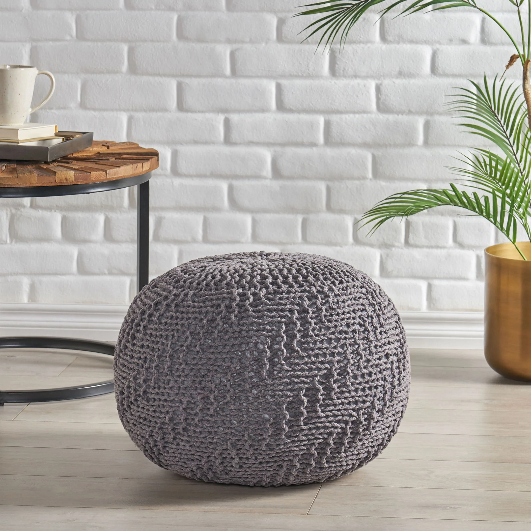 Hazel - Modern Knitted Cotton Yarn Round Pouf With Eco Friendly Pet Fibers - Dark Gray - Image 6