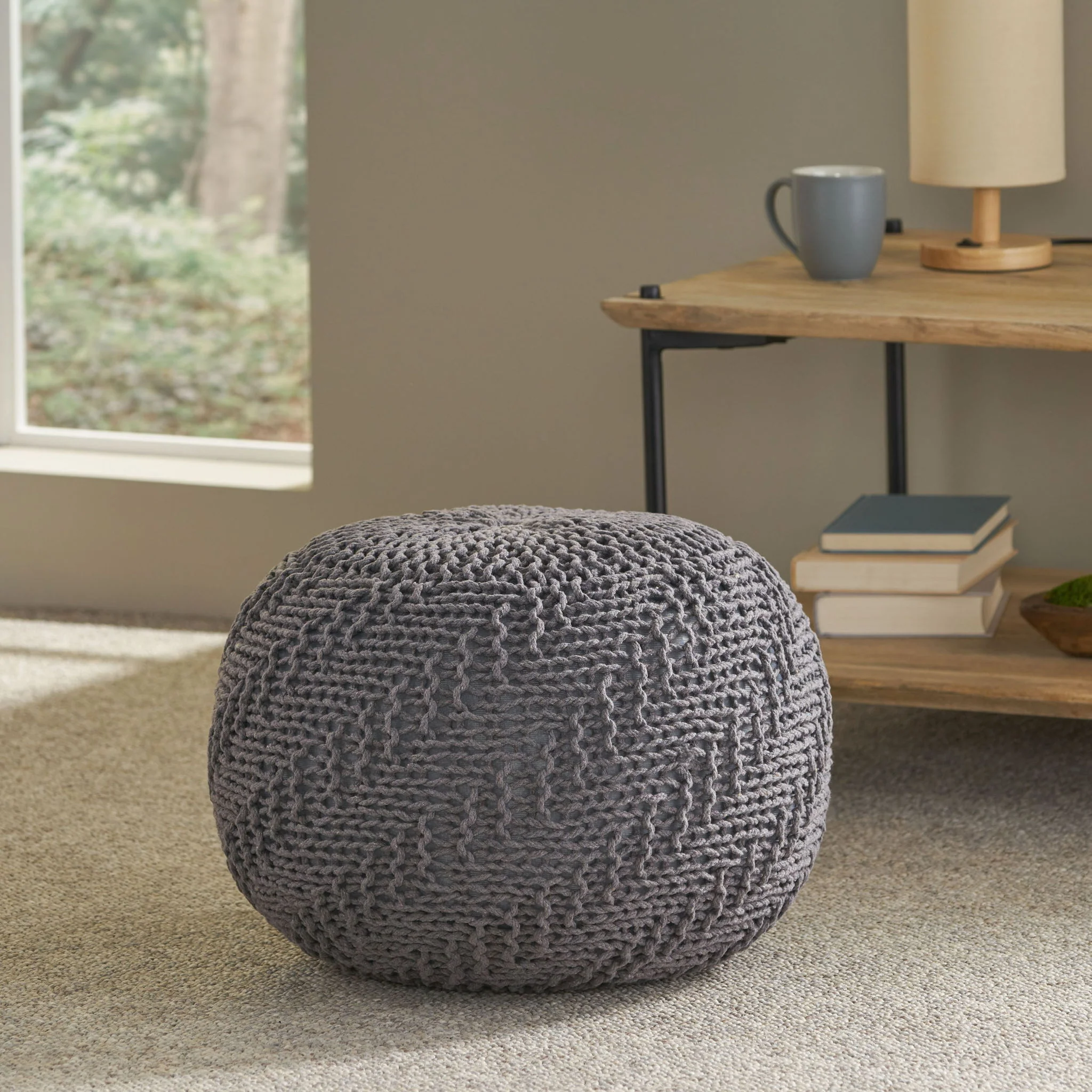 Hazel - Modern Knitted Cotton Yarn Round Pouf With Eco Friendly Pet Fibers - Dark Gray - Image 7