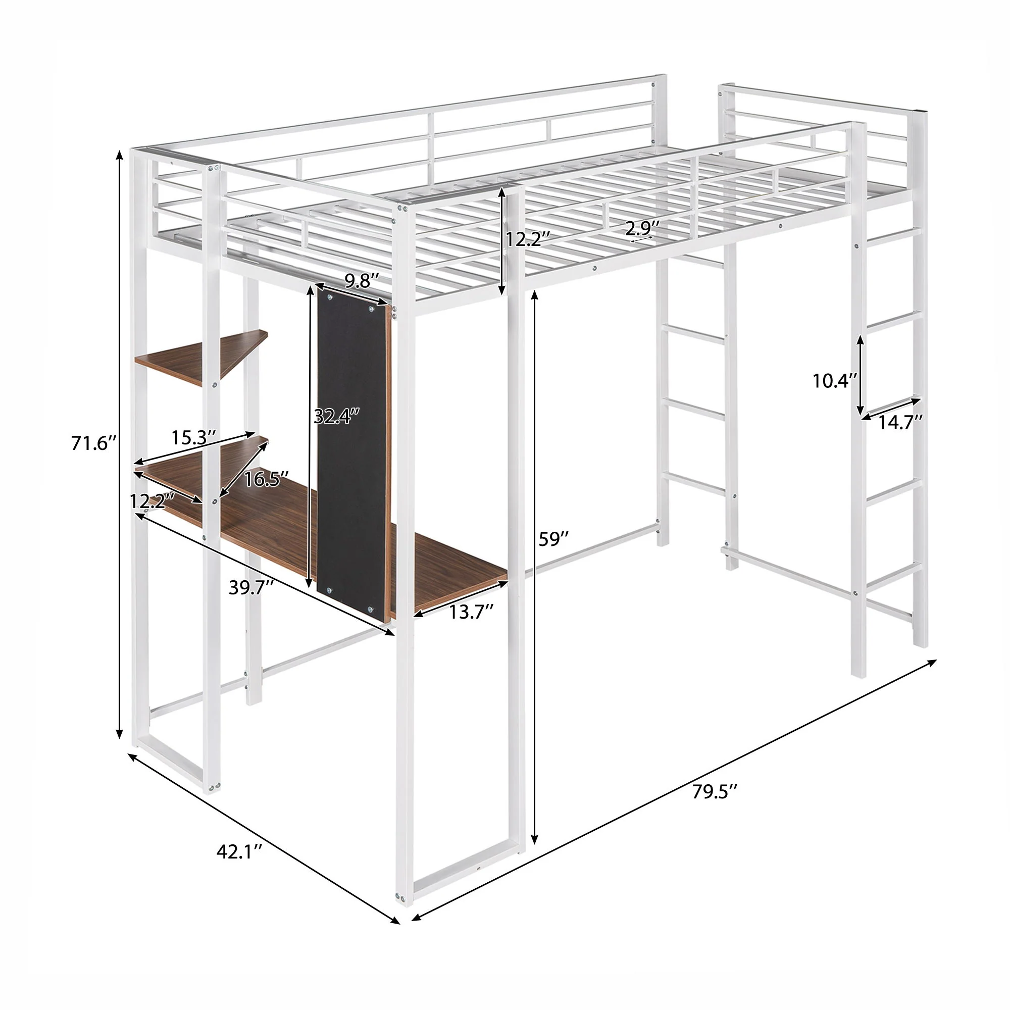 Hearth & Haven - Twin Metal Loft Bed With 2 Shelves And One Desk - White - Image 6