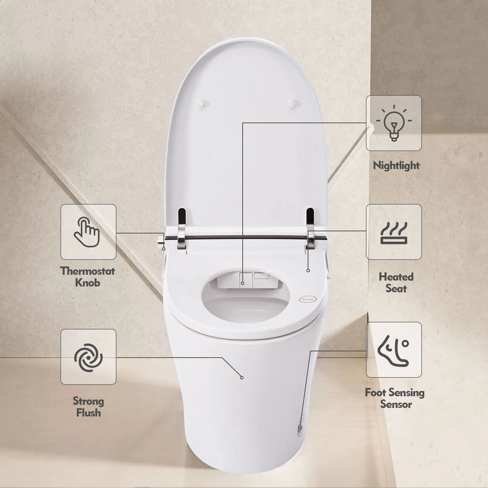 Heated Seat Smart Toilet Without Bidet, Upmarket Compact Dual Flush Toilet 1 / 1.28 Gpf, Tank Less Toilet With Adjustable Temp Heated Seat, Foot Sensor Flush - White Night Light, Knob Control, Power Out - Image 3