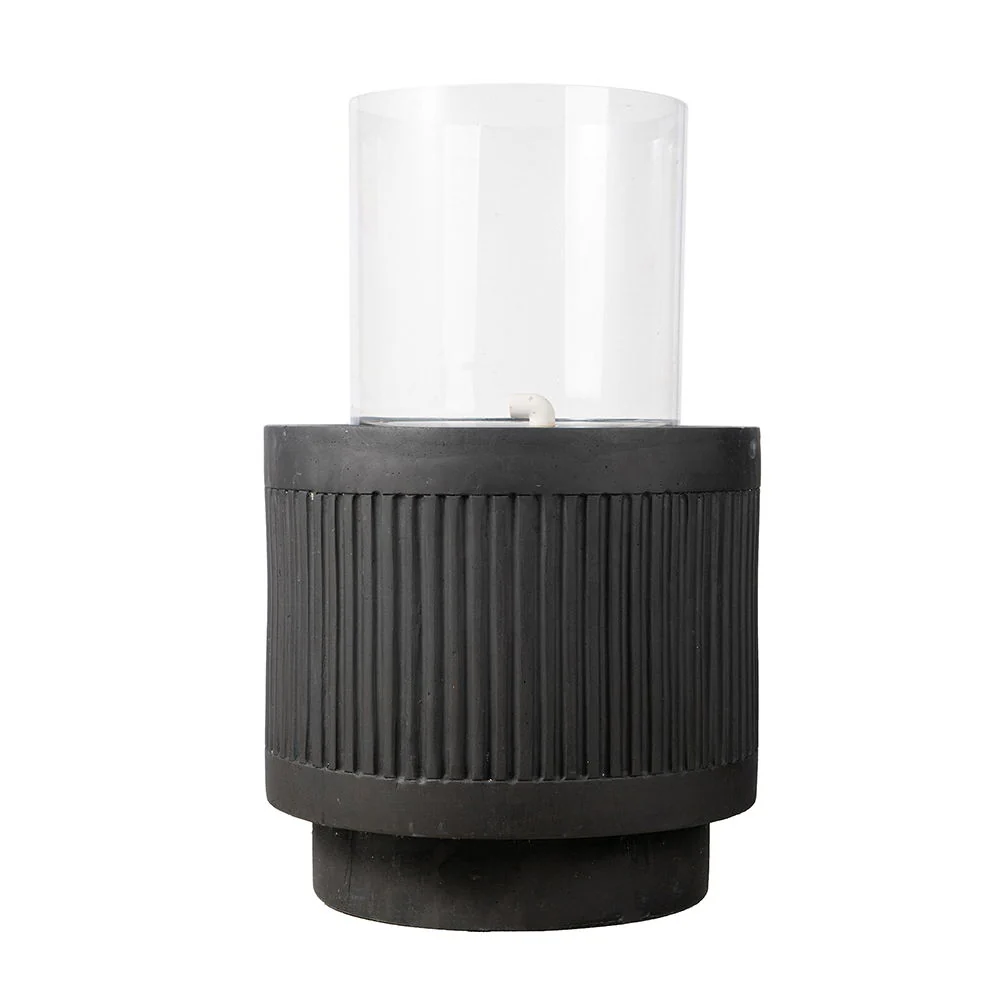 Heavy Cement Round Ribbed Outdoor Water Fountain With Light - Black White - Image 3