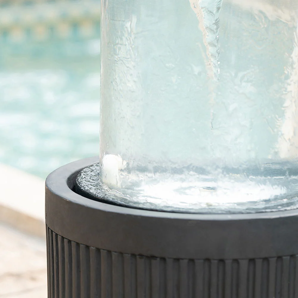 Heavy Cement Round Ribbed Outdoor Water Fountain With Light - Black White - Image 5