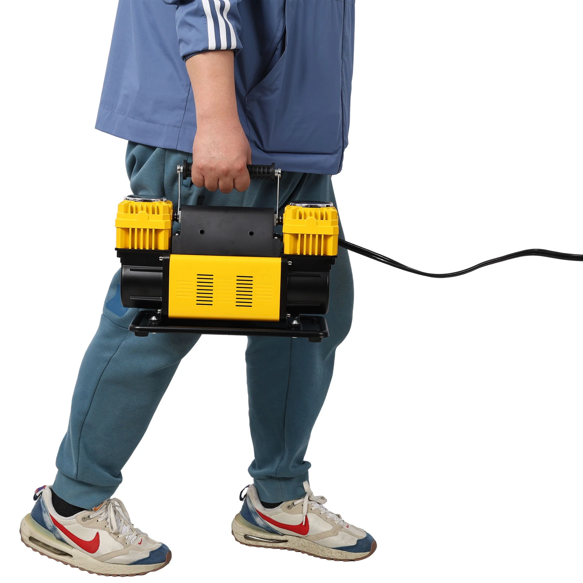 Heavy Duty 12V Dual Cylinder Air Compressor, Tire Inflator With Gauge - Yellow / Black - Image 6