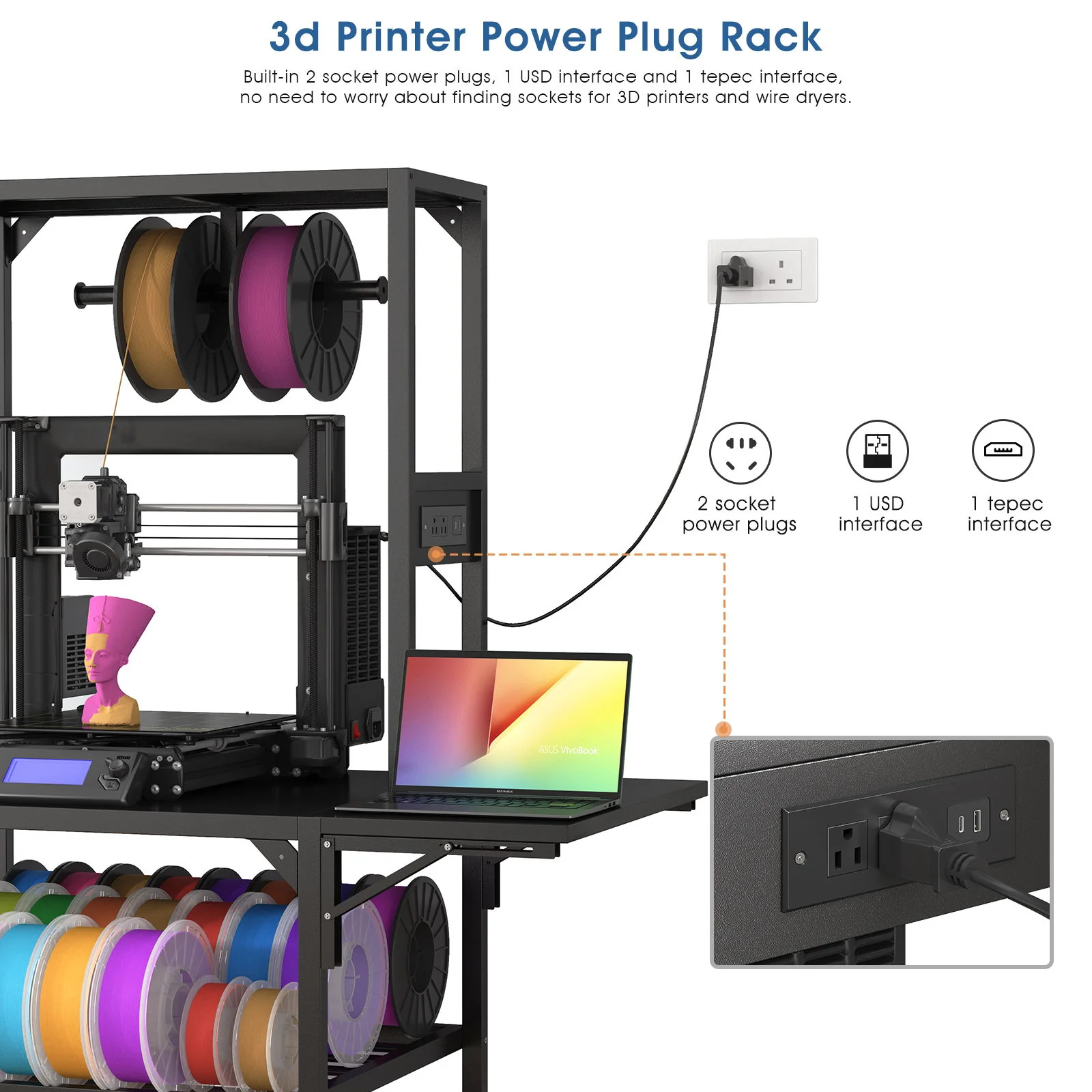 Heavy Duty 3D Printer Stand With Filament Storage Rack - Black - Image 8