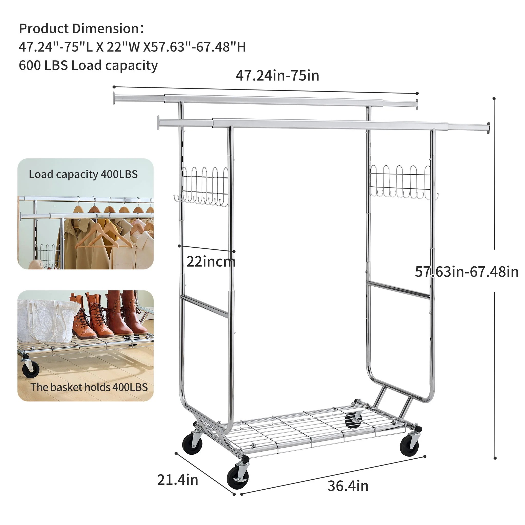 Heavy Duty Double Clothing Garment Rack With Shelves - Silver - Image 6