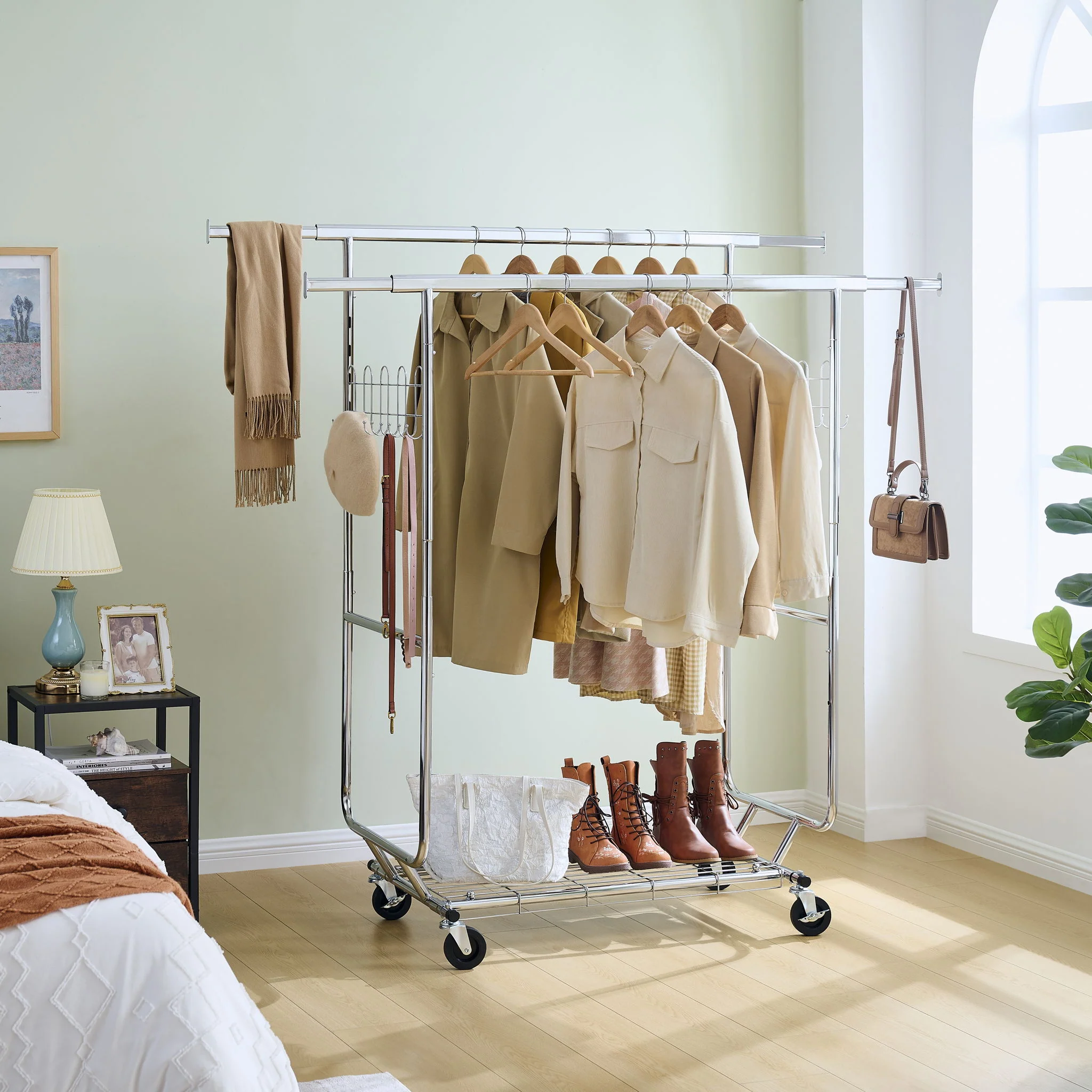 Heavy Duty Double Clothing Garment Rack With Shelves - Silver - Image 7