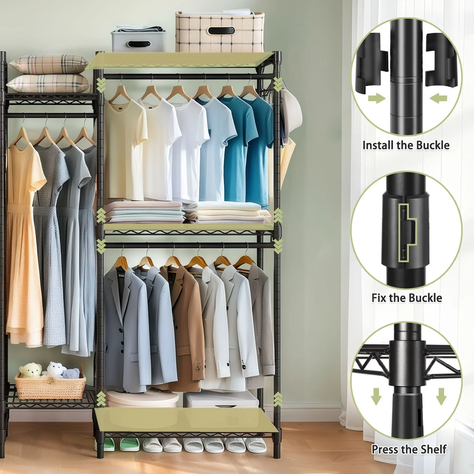 Heavy Duty Garment Rack With 8 Adjustable Wire Shelves And 5 Clothes Rails, Freestanding Closet Organizer Metal - Black - Image 7