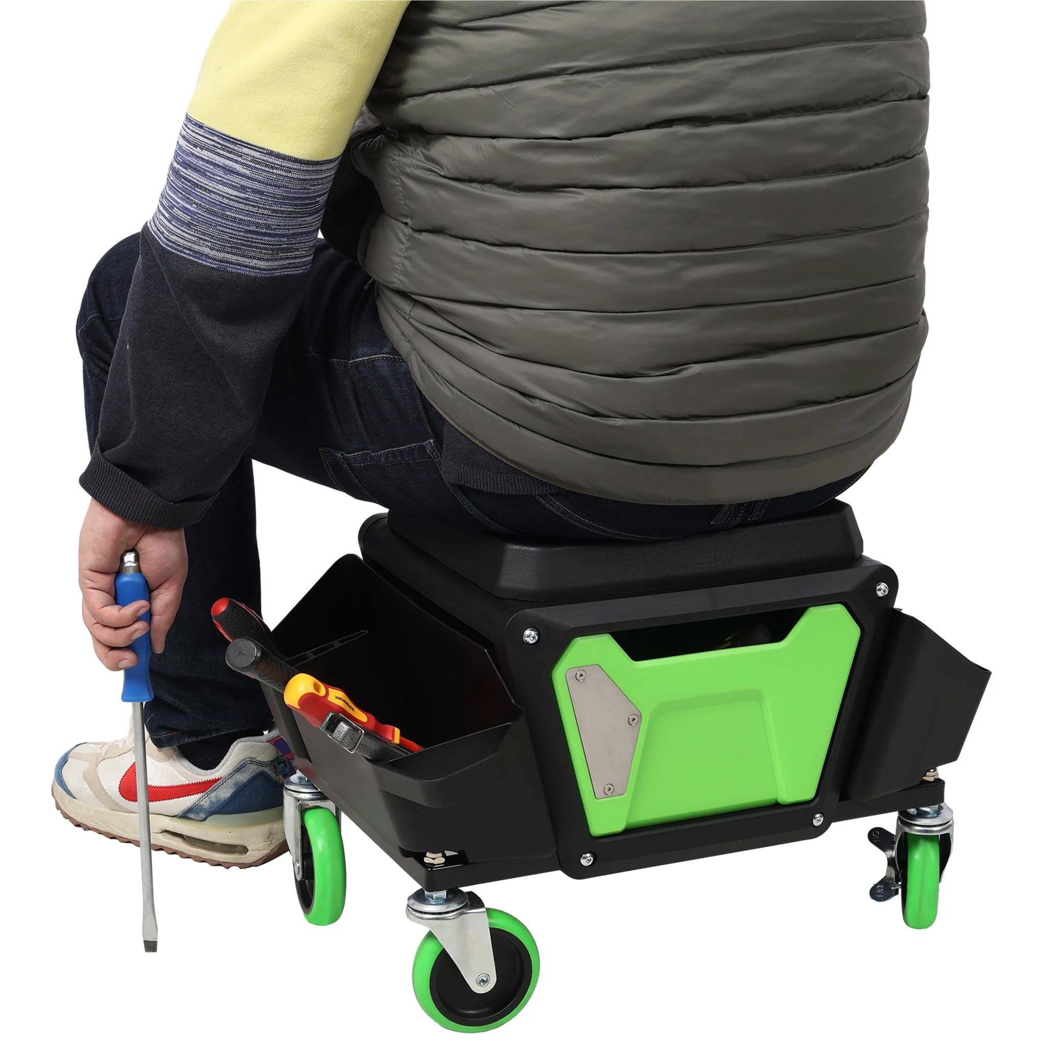 Heavy Duty Mechanic Stool With Wheels And Soft Rubber Cushion And 330Lbs Capacity - Green - Image 3