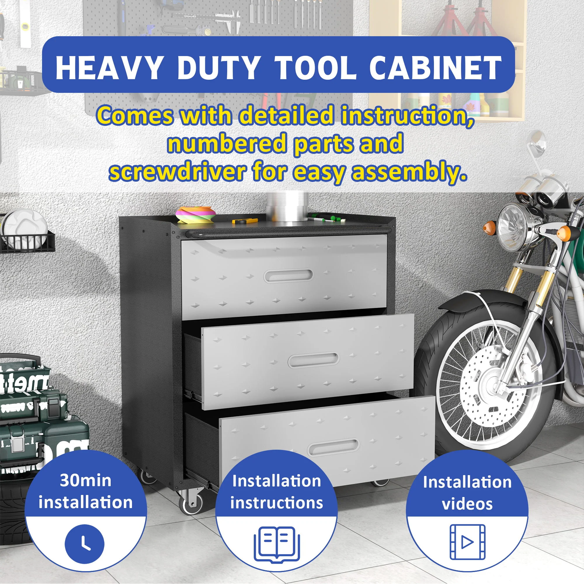 Heavy Duty Metal Storage Cabinet With Wheels 3 Drawer Tool Cabinet For Garage, Office, And Home Organizer Solutions - Image 5