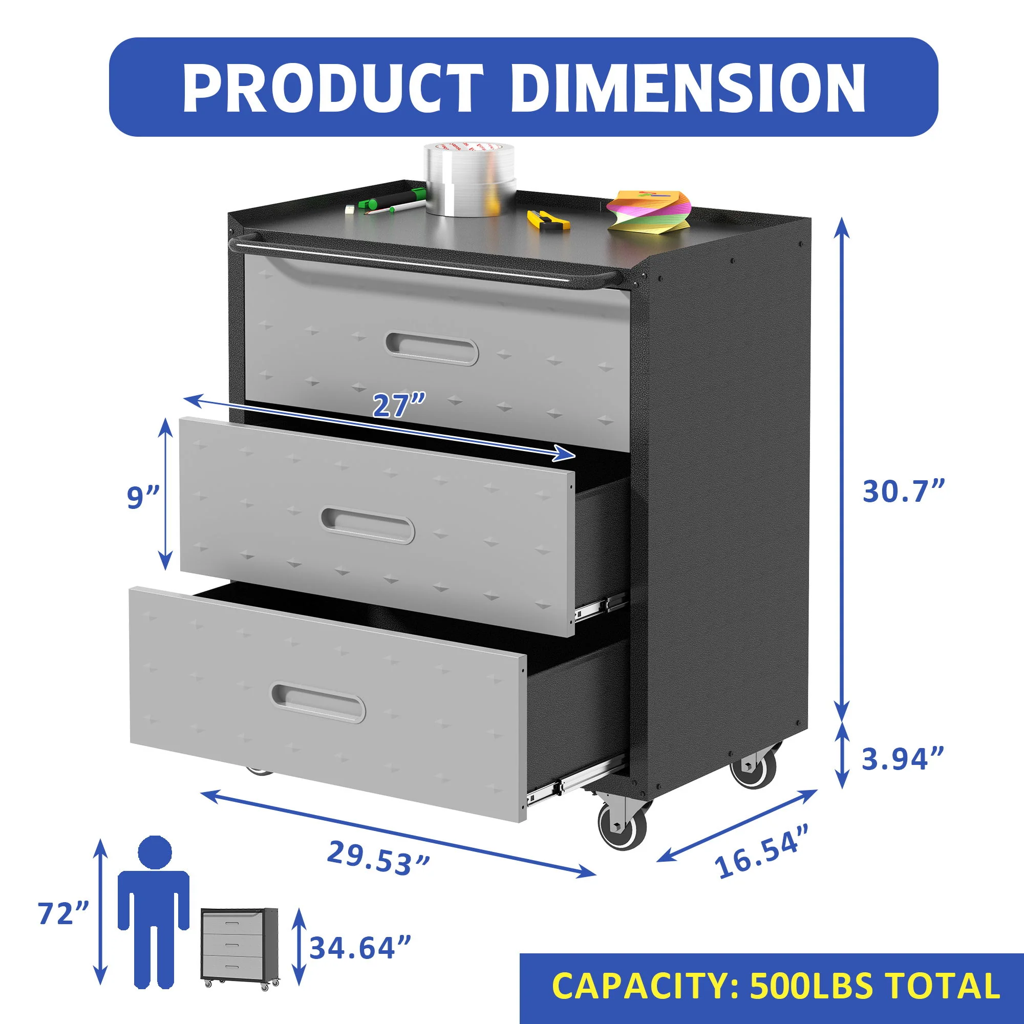 Heavy Duty Metal Storage Cabinet With Wheels 3 Drawer Tool Cabinet For Garage, Office, And Home Organizer Solutions - Image 9
