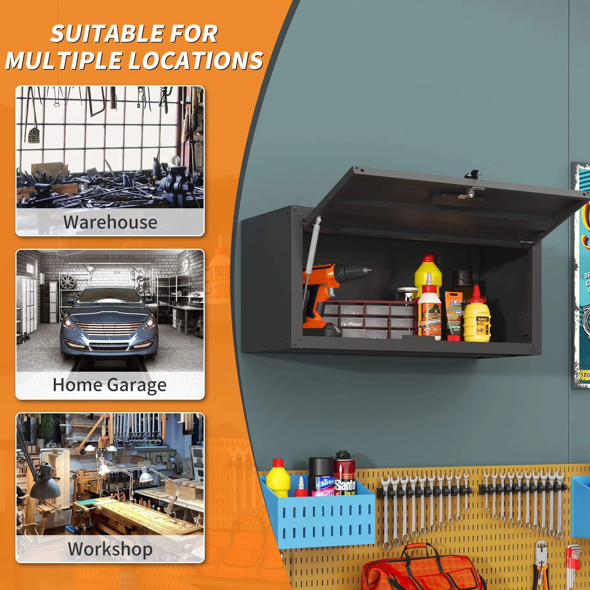Heavy Duty, Metal Wall Mounted Tool Storage Cabinet Steel Metal Garage Storage Cabinet - Black / Gray - Image 5