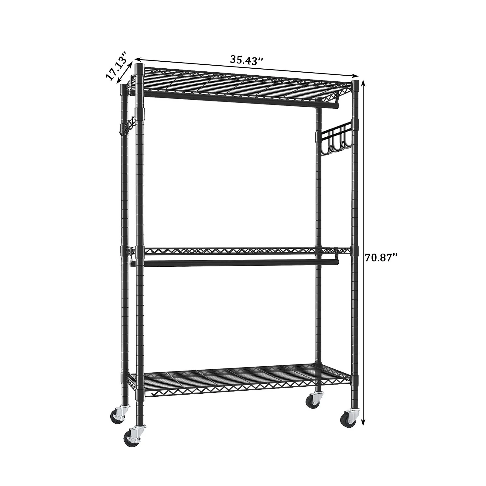 Heavy Duty Rolling Clothes Rack With 3 Tier Shelves, 2 Rails & Side Hooks, Adjustable Freestanding Organizer Metal - Black - Image 3