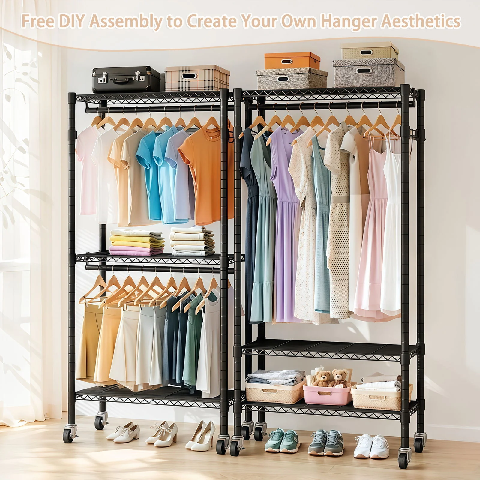 Heavy Duty Rolling Clothes Rack With 3 Tier Shelves, 2 Rails & Side Hooks, Adjustable Freestanding Organizer Metal - Black - Image 7