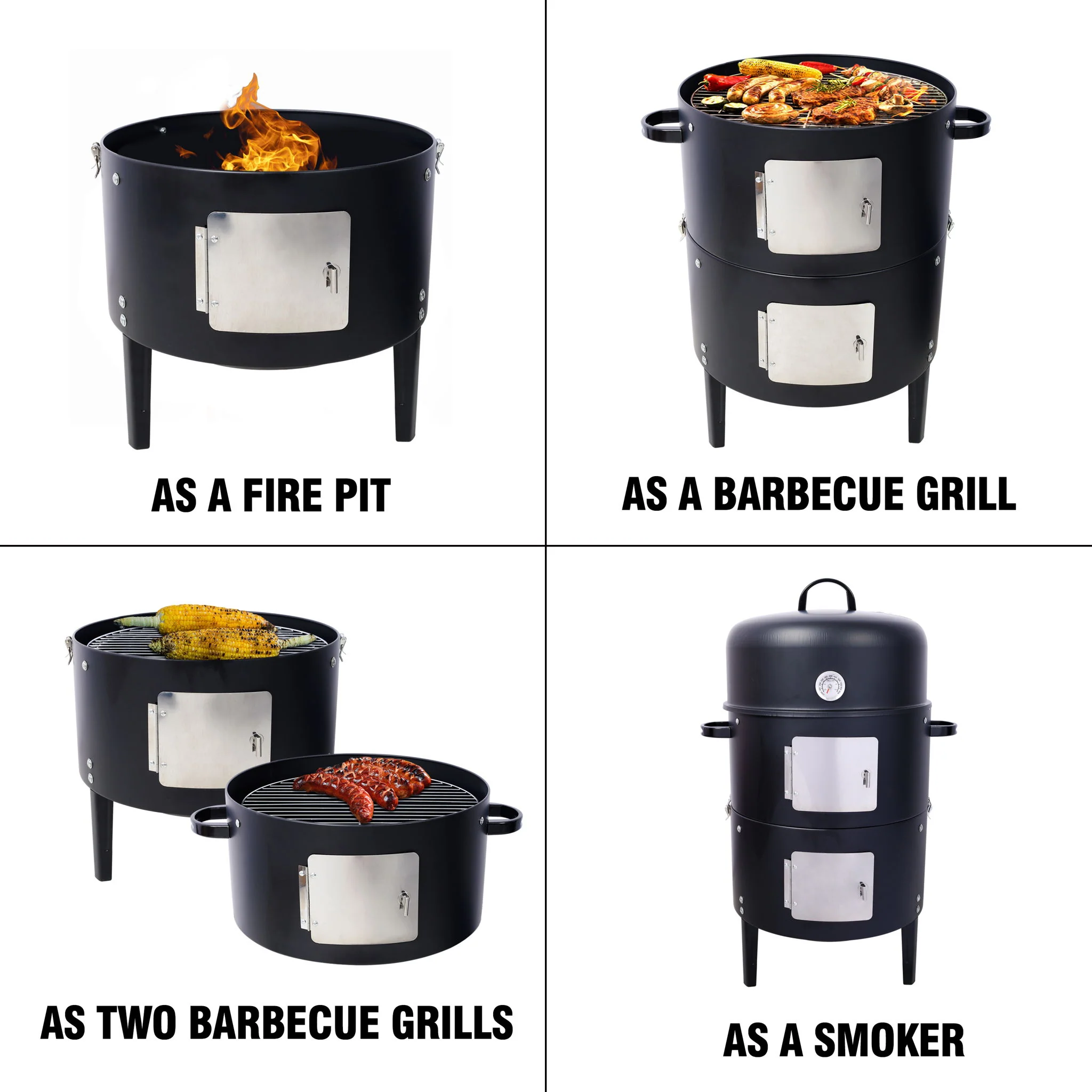 Heavy Duty Round Bbq Grill 17" Steel Charcoal Smoker For Outdoor Cooking - Black - Image 4