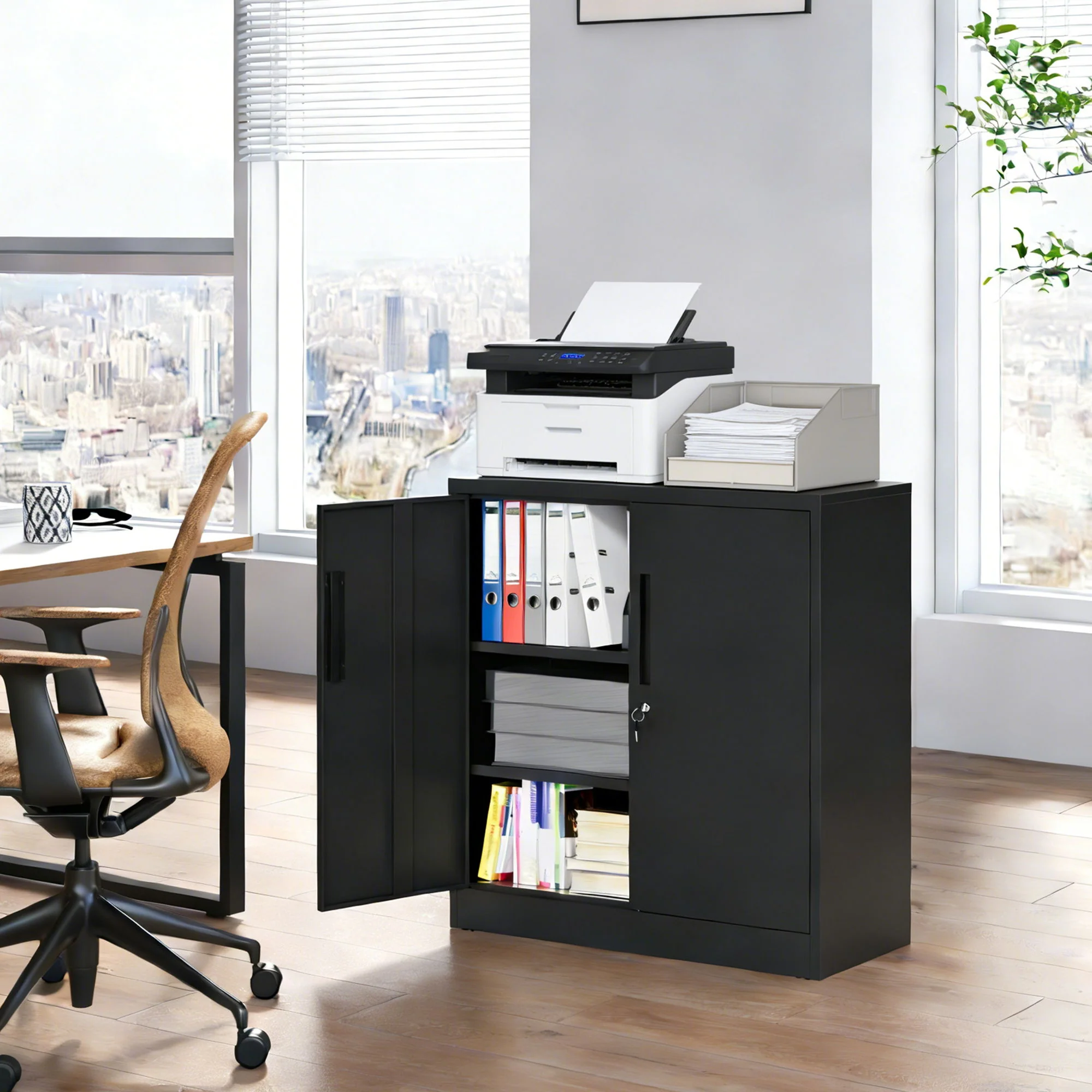 Heavy Duty Storage Cabinet With Lock, 2 Door File Cabinet With 2 Adjustable Shelves - Black - Image 9