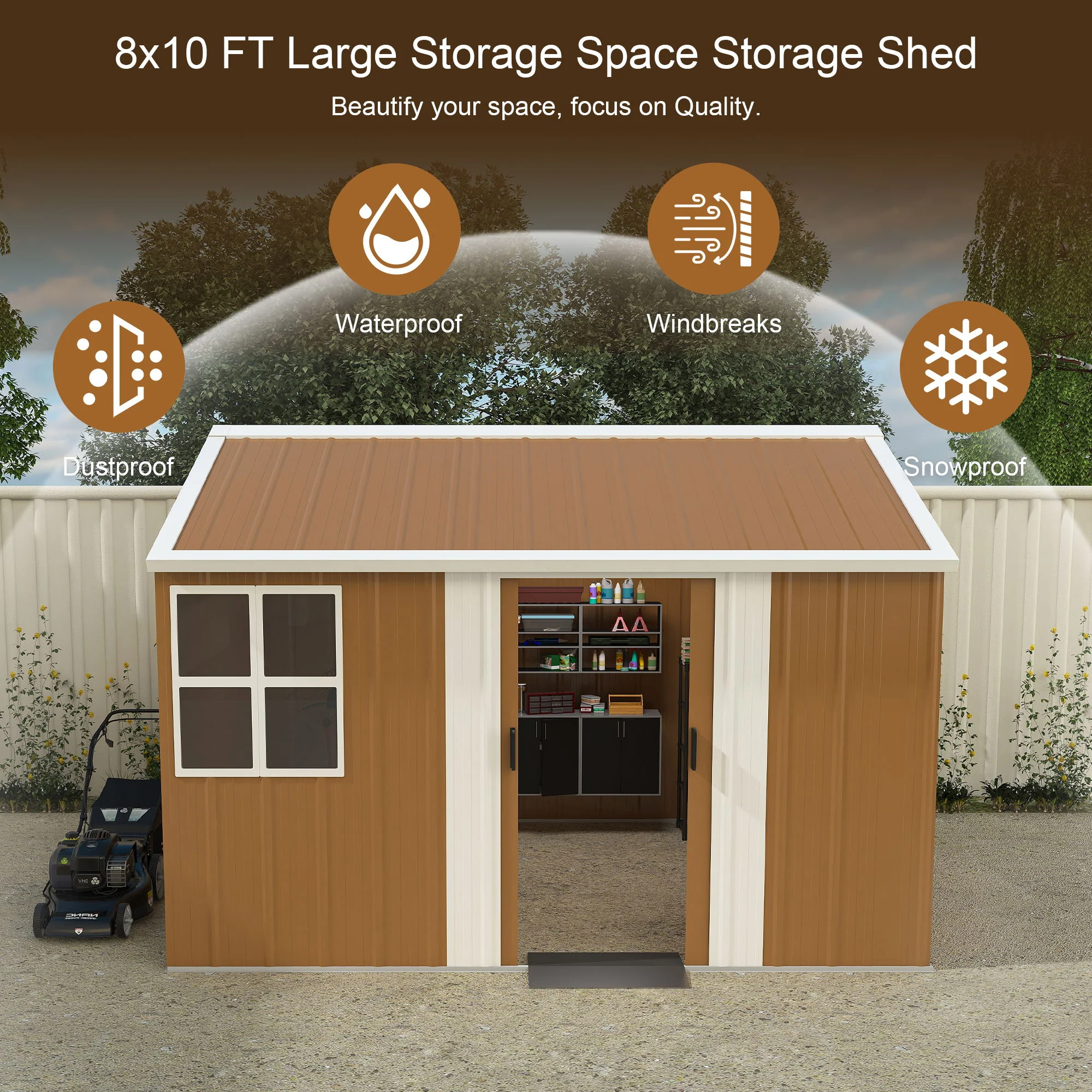 Heavy Duty Storage Shed Garden Building Weatherproof Galvanized Iron Light Brown - Image 5