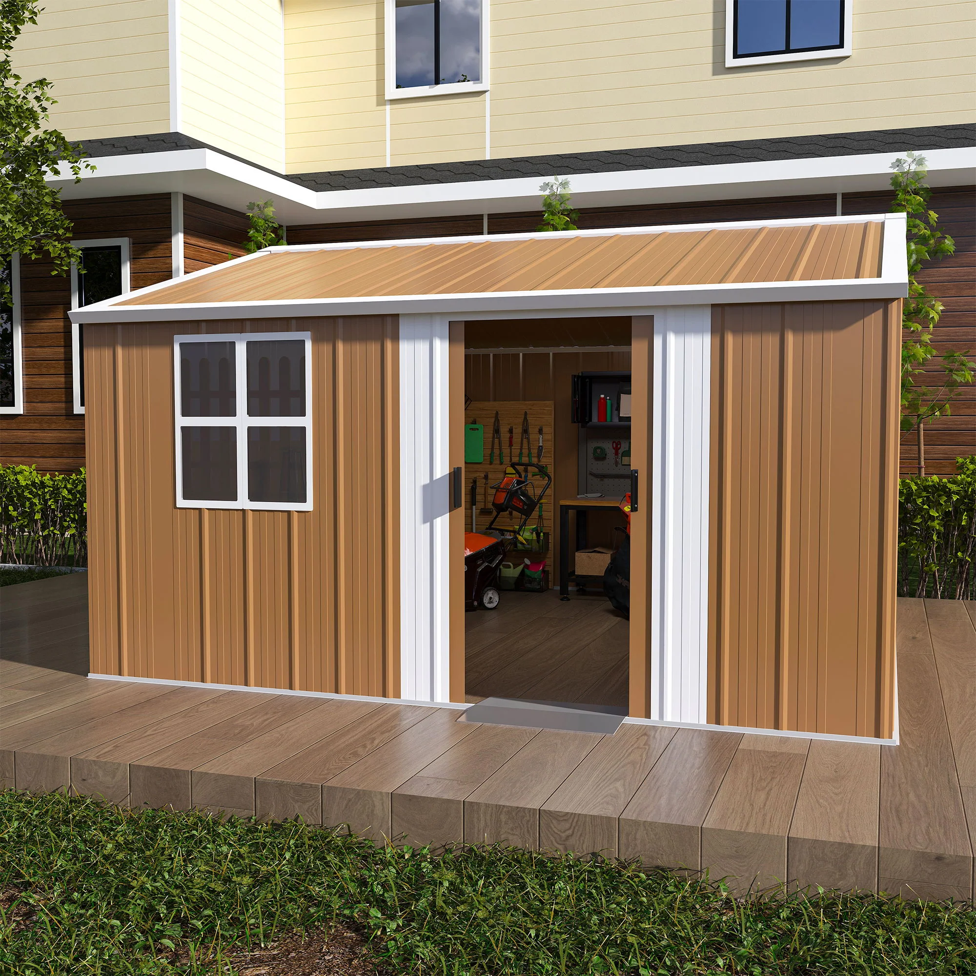 Heavy Duty Storage Shed Garden Building Weatherproof Galvanized Iron Light Brown - Image 9