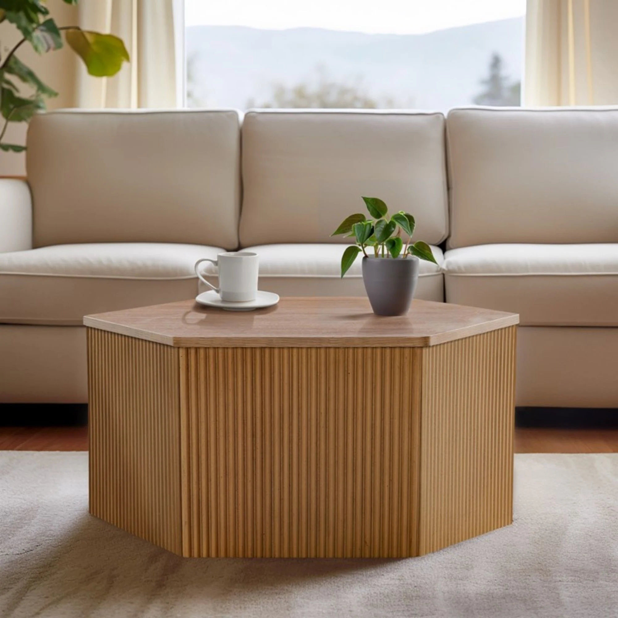 Hexagon Coffee Table With Fluted Design - Natural - Image 5