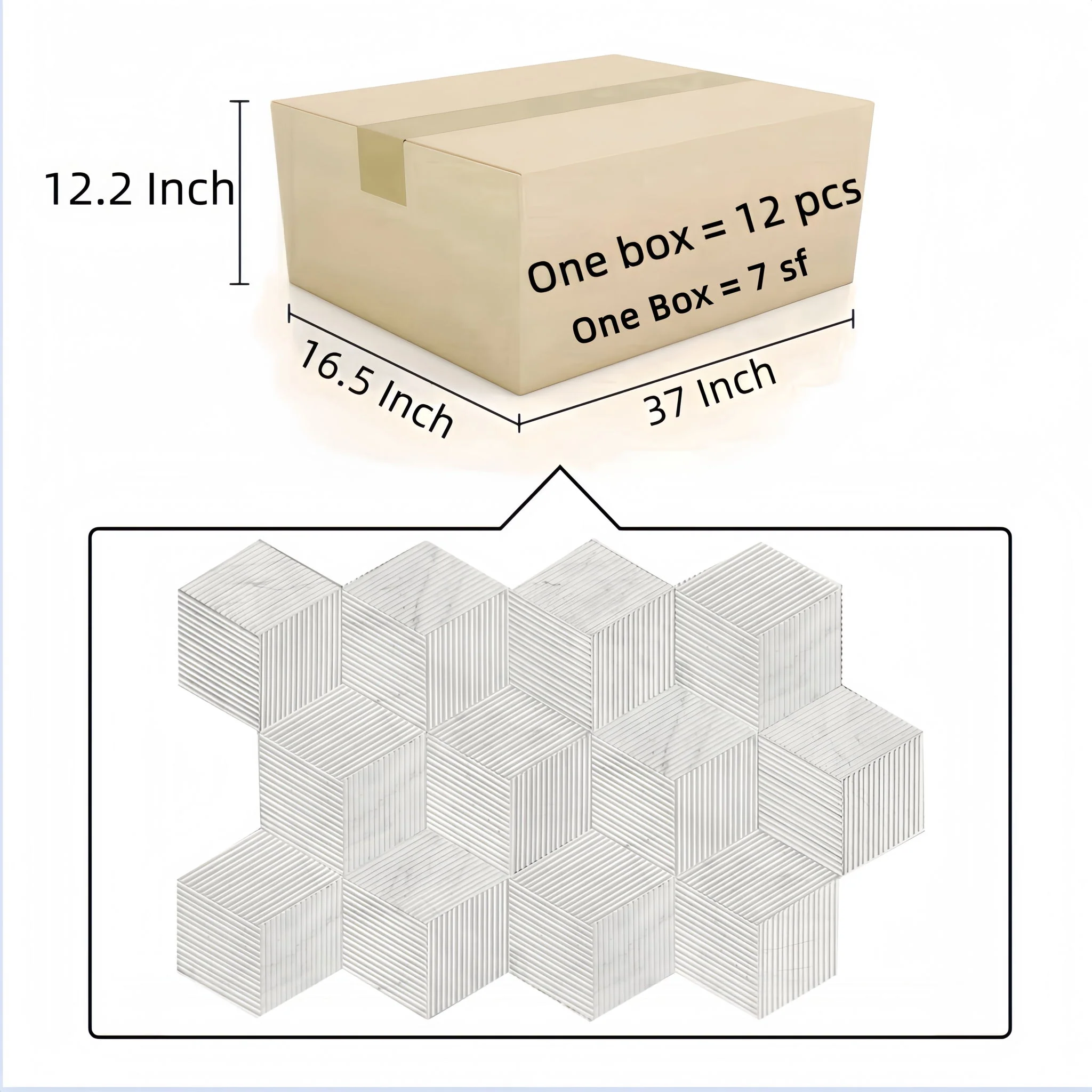 Hexagon Natural Stone Marble Tile, 3D Fluted (Set of 12) - Image 4