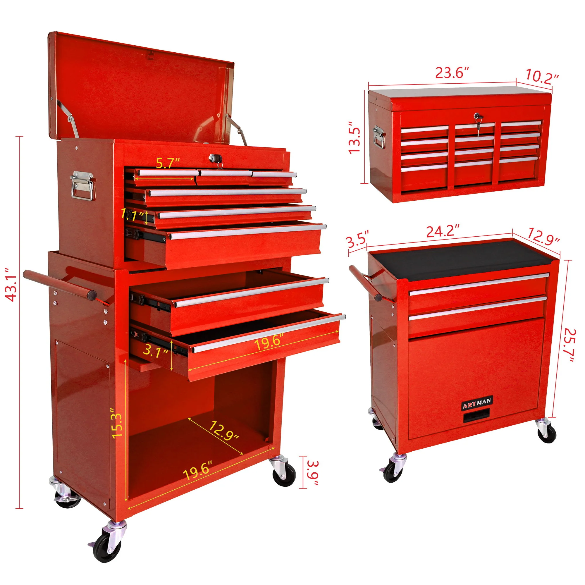 High Capacity Rolling Tool Chest With Wheels And Drawers, Storage Cabinet - Image 20