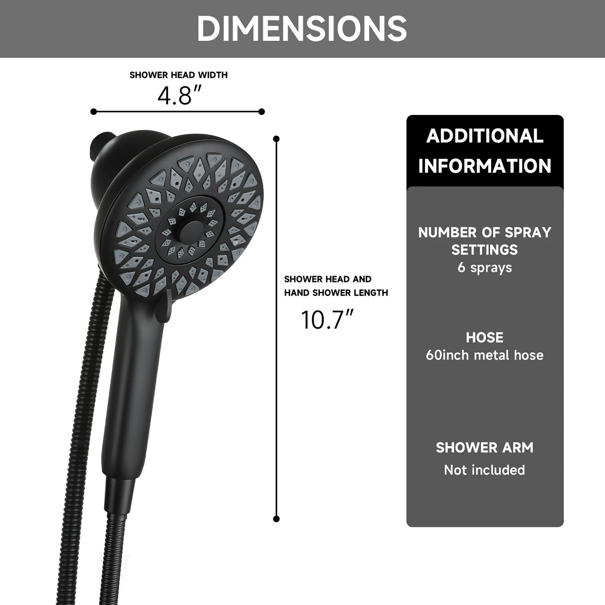 High Pressure Shower Heads 6 Spray Mode Handheld Shower With 60" Stainless Steel Hose - Matte Black - Image 8