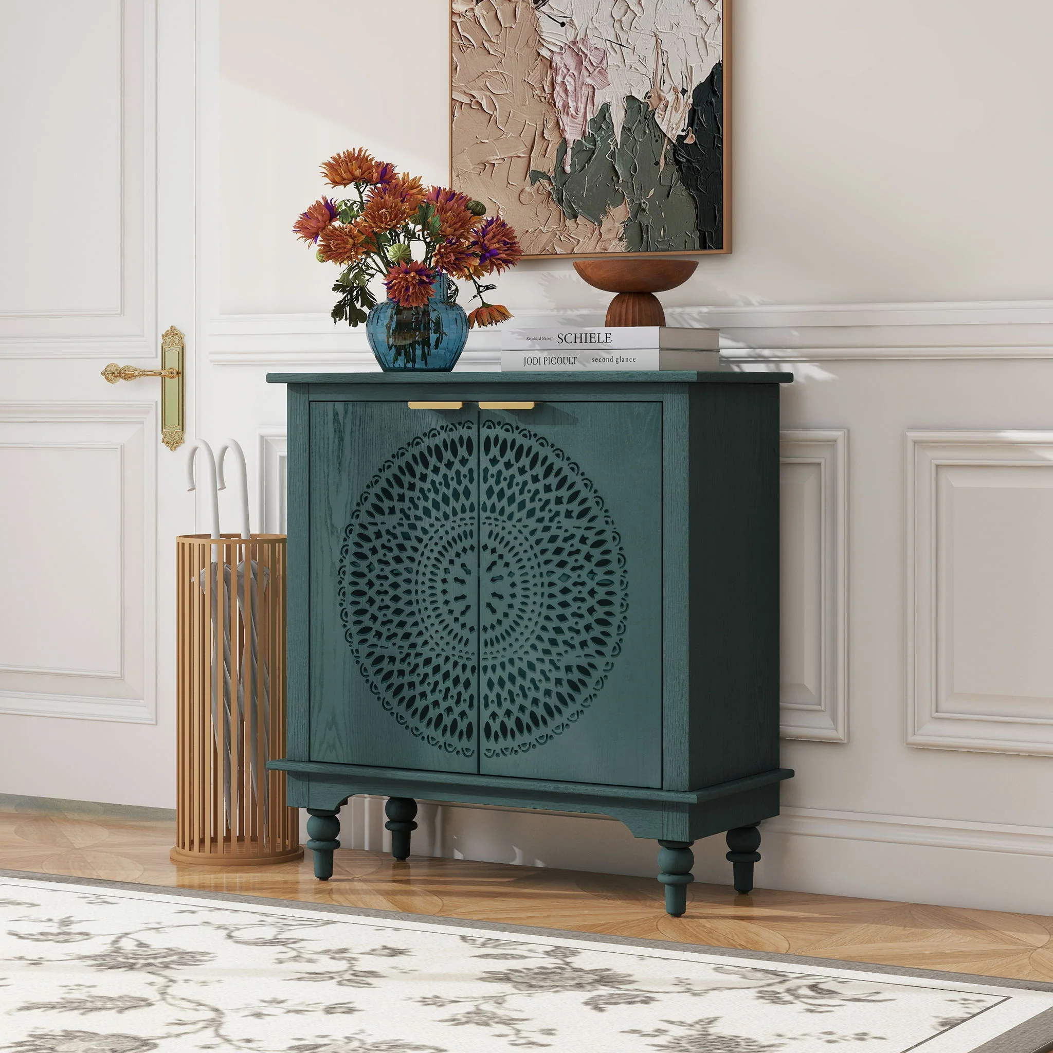 Hollow Carved 2 Door Accent Cabinet With Adjustable Shelf, Sideboard Buffet For Entryway, Living Room Or Bedroom - Blackish Green - Image 3