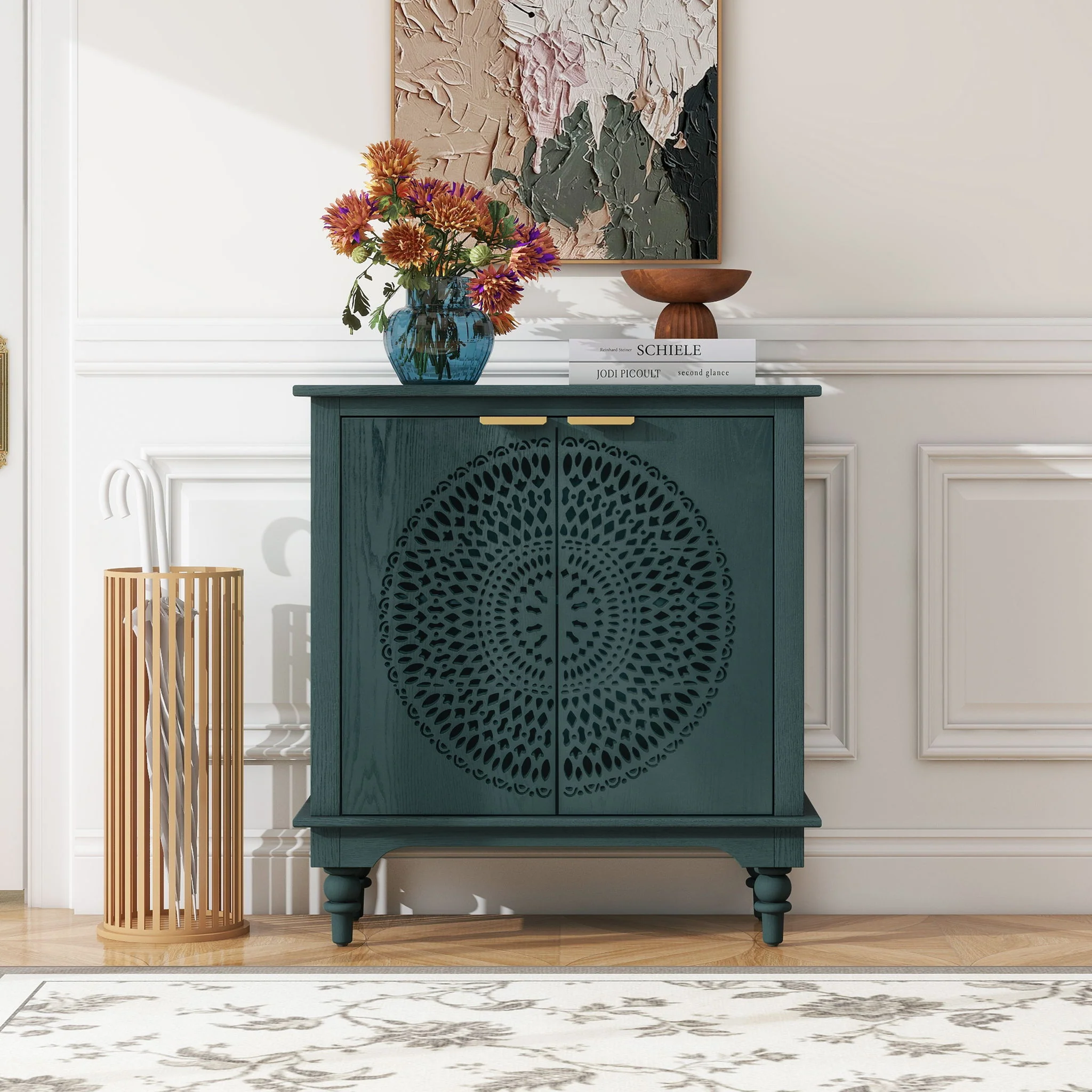 Hollow Carved 2 Door Accent Cabinet With Adjustable Shelf, Sideboard Buffet For Entryway, Living Room Or Bedroom - Blackish Green - Image 4