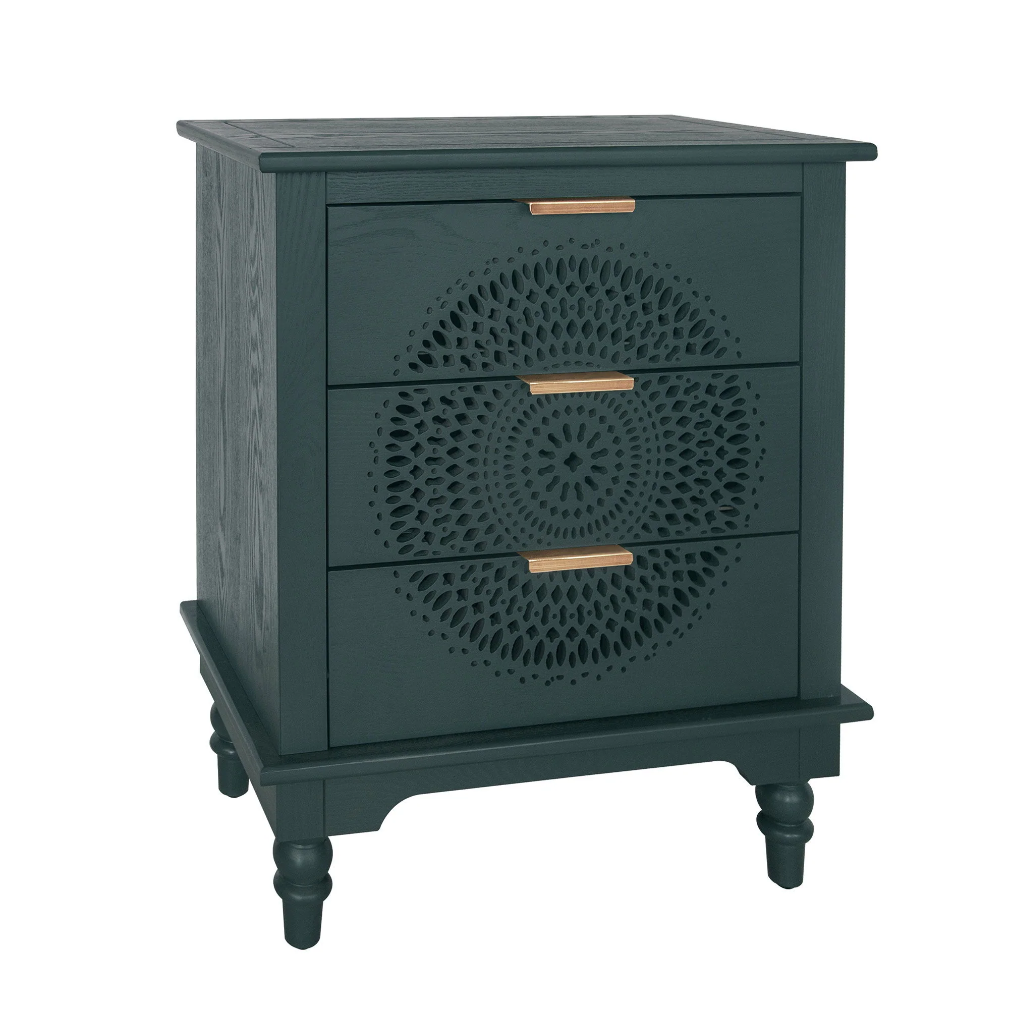 Hollow Carved 3 Drawer Dresser With Metal Handles, Storage Chest For Living Room Or Bedroom - Blackish Green - Image 2