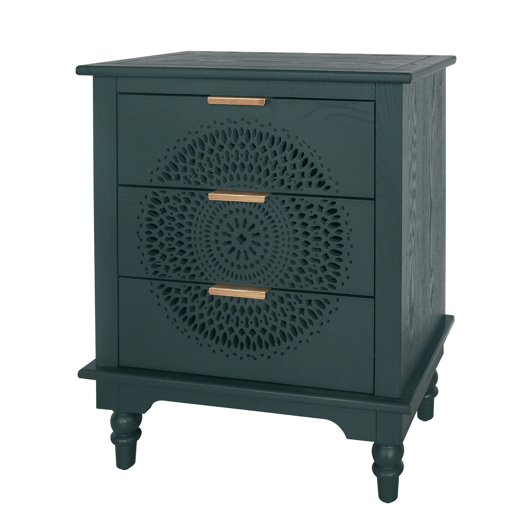 Hollow Carved 3 Drawer Dresser With Metal Handles, Storage Chest For Living Room Or Bedroom - Blackish Green - Image 4