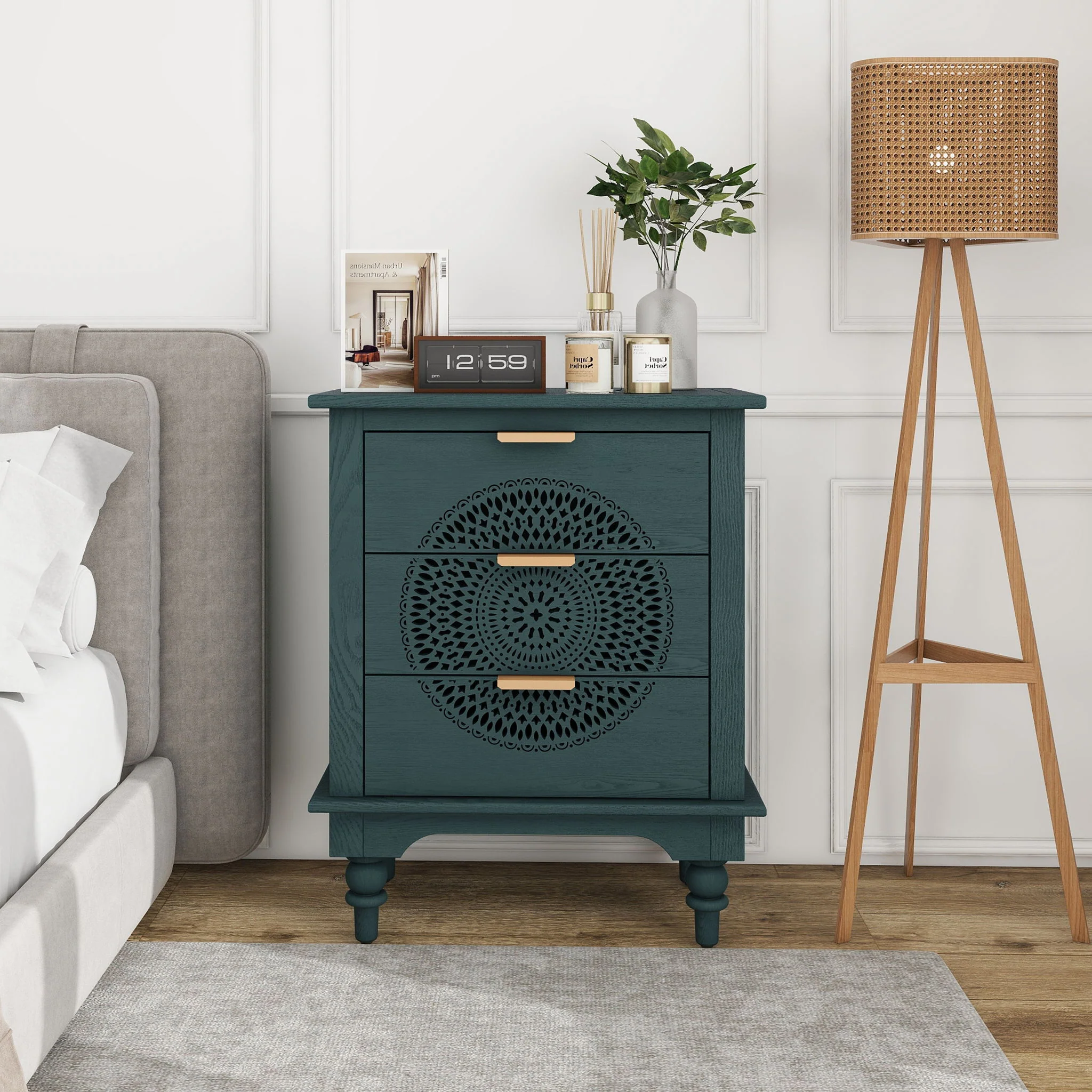 Hollow Carved 3 Drawer Dresser With Metal Handles, Storage Chest For Living Room Or Bedroom - Blackish Green - Image 6