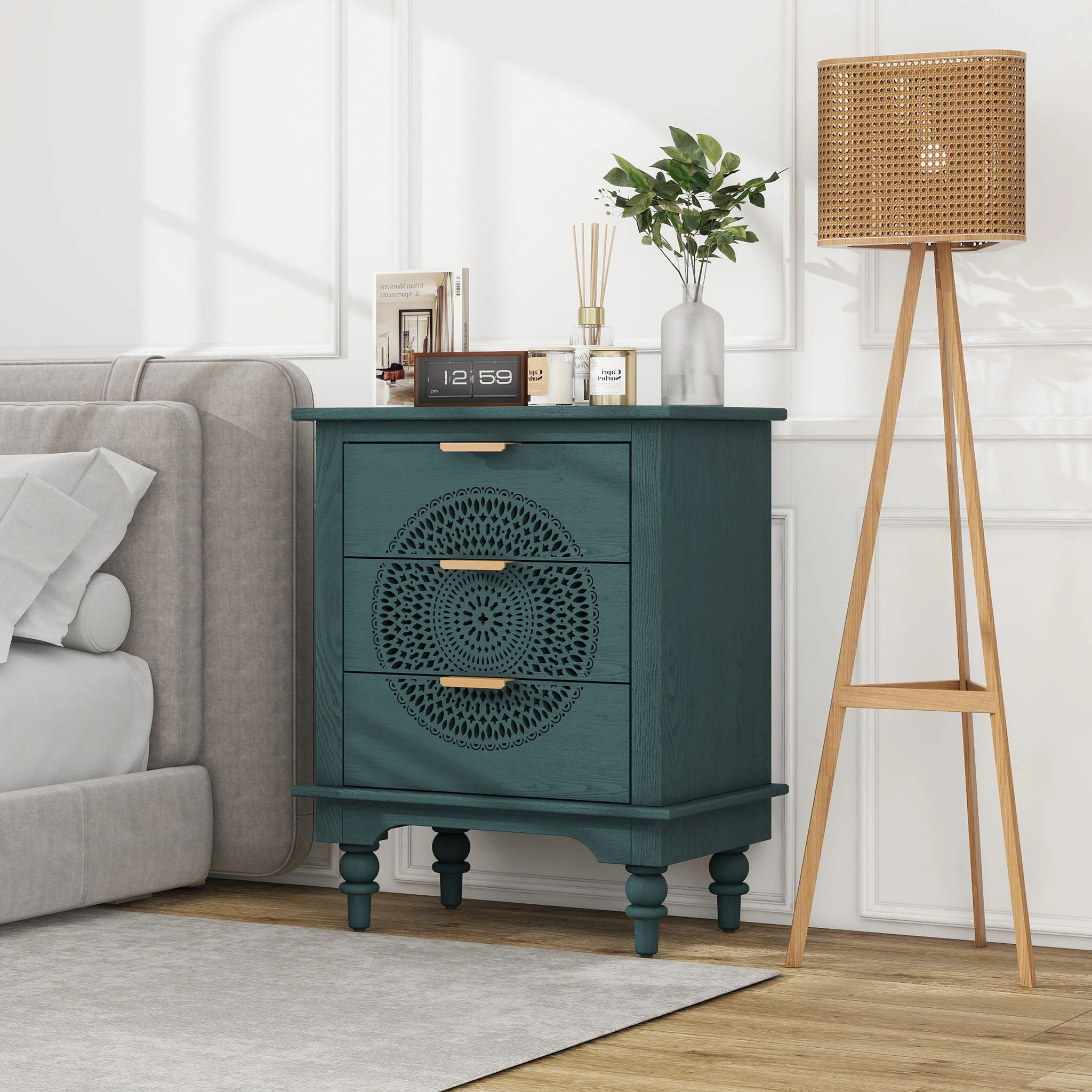 Hollow Carved 3 Drawer Dresser With Metal Handles, Storage Chest For Living Room Or Bedroom - Blackish Green - Image 7