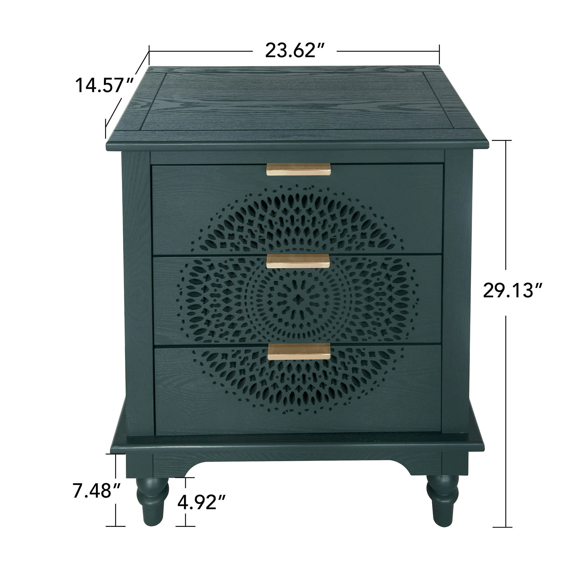 Hollow Carved 3 Drawer Dresser With Metal Handles, Storage Chest For Living Room Or Bedroom - Blackish Green - Image 9