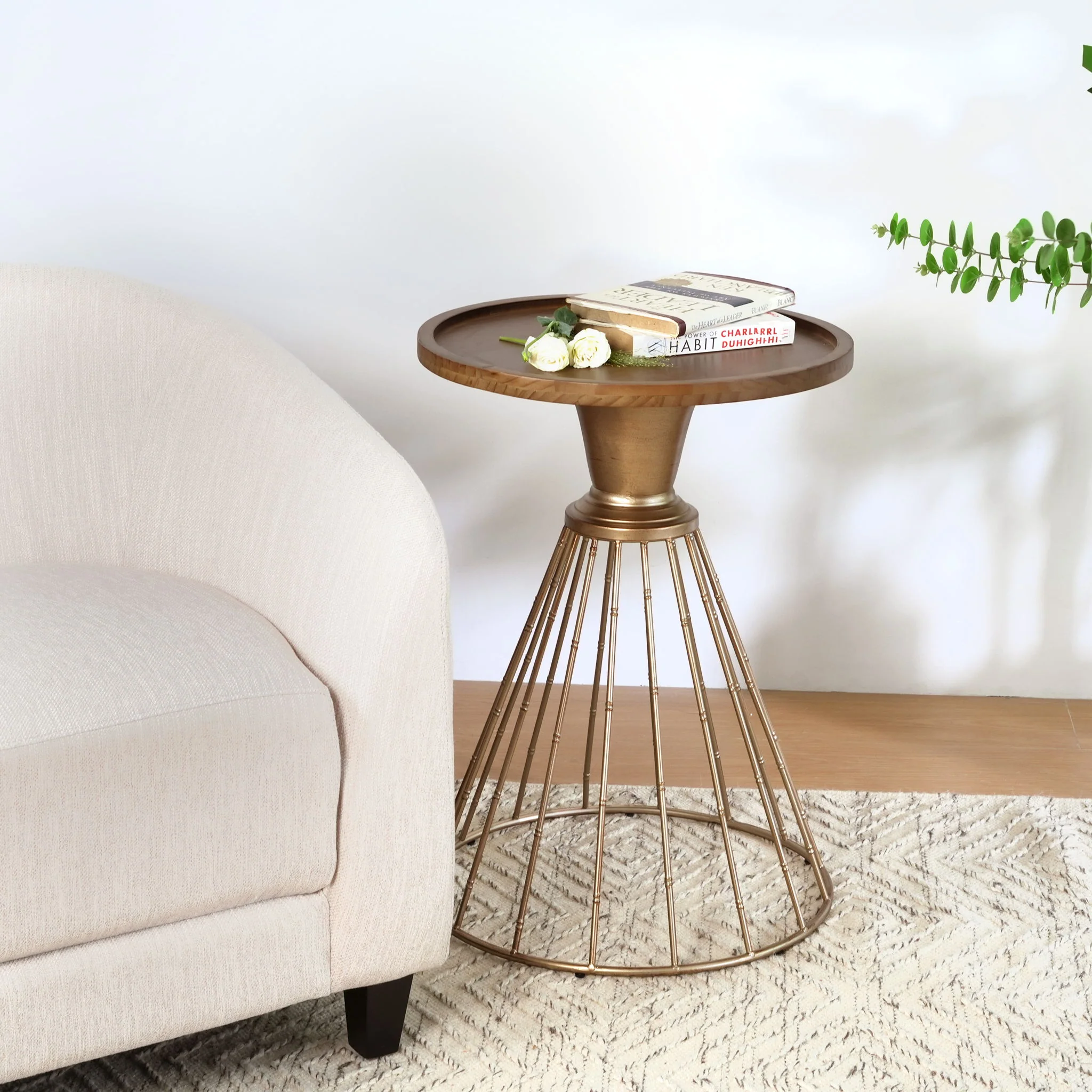 Hollow - Edge Retro Art Pine Side Table With Antique And Natural Color, Iron And Pine Construction - Antique Gold / Natural - Image 7