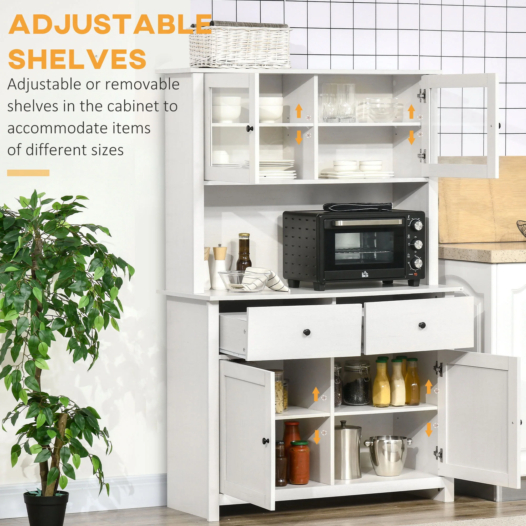 Homcom - 63.5" Kitchen Buffet With Hutch, Pantry Storage Cabinet With 4 Shelves, Drawers, Framed Glass Doors, Open Microwave Countertop - Antique White - Image 2