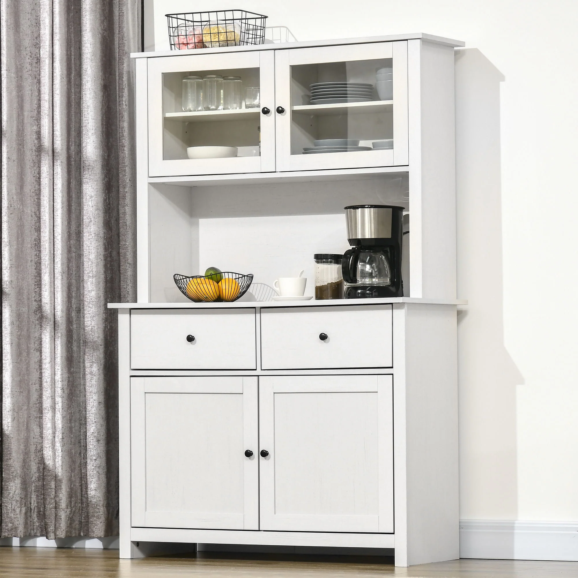 Homcom - 63.5" Kitchen Buffet With Hutch, Pantry Storage Cabinet With 4 Shelves, Drawers, Framed Glass Doors, Open Microwave Countertop - Antique White - Image 3