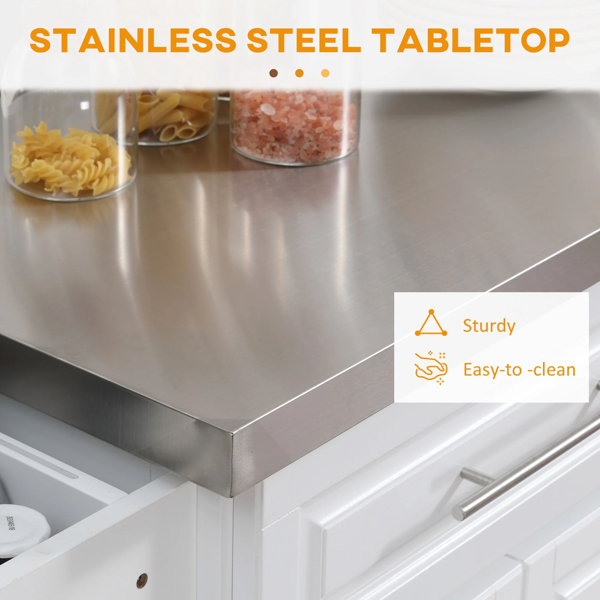 Homcom - Rolling Kitchen Island With Storage, Portable Kitchen Cart With Stainless Steel Top, 2 Drawers, Spice, Knife And Towel Rack And Cabinets - Image 14