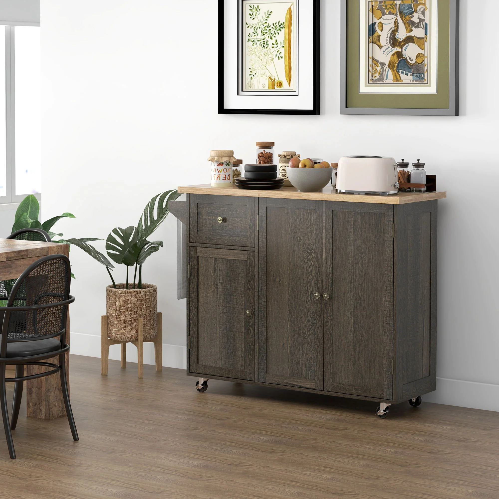 Homcom - Triple-Cabinet Rolling Kitchen Island On Wheels, Kitchen Cart With Storage Shelf Adjustment, Rolling Utility Cart With Wood Top, Towel Rack, Big Drawer - Distressed Brown - Image 4