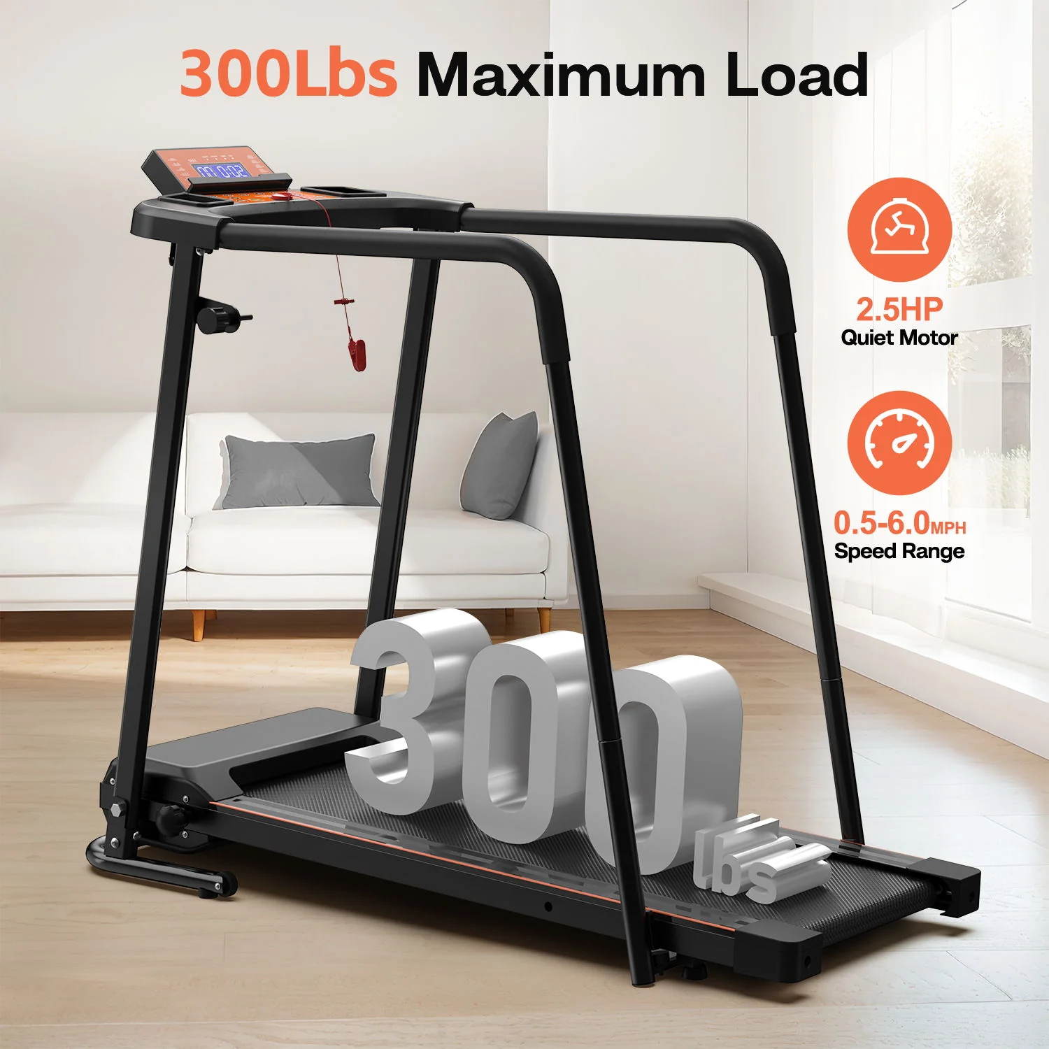 Home Fitness Treadmill With Extended Handrails, Portable Foldable Design - Black / Orange - Image 3